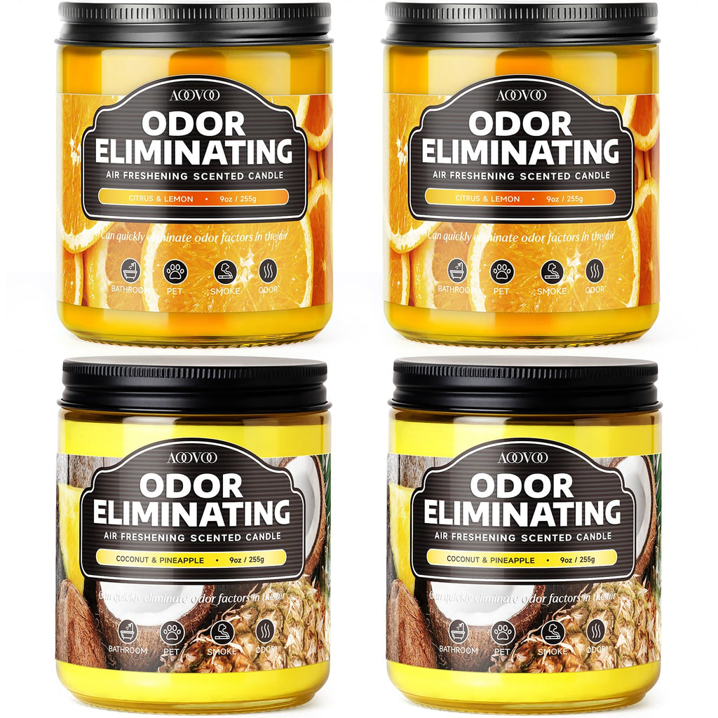 AOOVOO 4 Pack Citrus Lemon Odor Eliminating Highly Fragranced Candle Set - Eliminates 95% of Pet, Smoke, Food, and Other Smells Quickly, Non Toxic Air Freshing Soy Candle