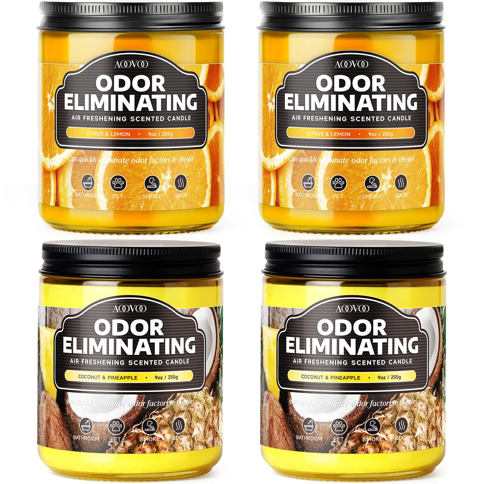 AOOVOO 4 Pack Citrus Lemon Odor Eliminating Highly Fragranced Candle Set - Eliminates 95% of Pet, Smoke, Food, and Other Smells Quickly, Non Toxic Air Freshing Soy Candle