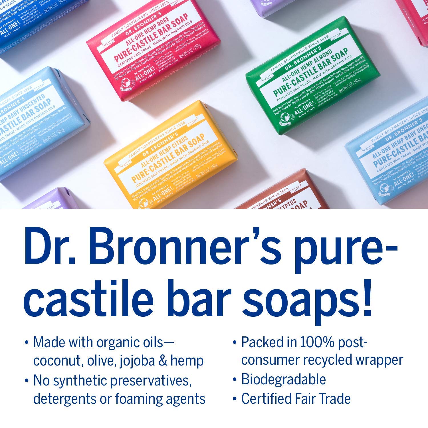 Dr. Bronner's Pure-Castile Magic Bar Soaps (5 Ounce Variety Gift Pack) Almond, Unscented, Lavender, Peppermint, Citrus, Rose - Made with Regenerative Organic Certified Oils, Vegan, Non-GMO