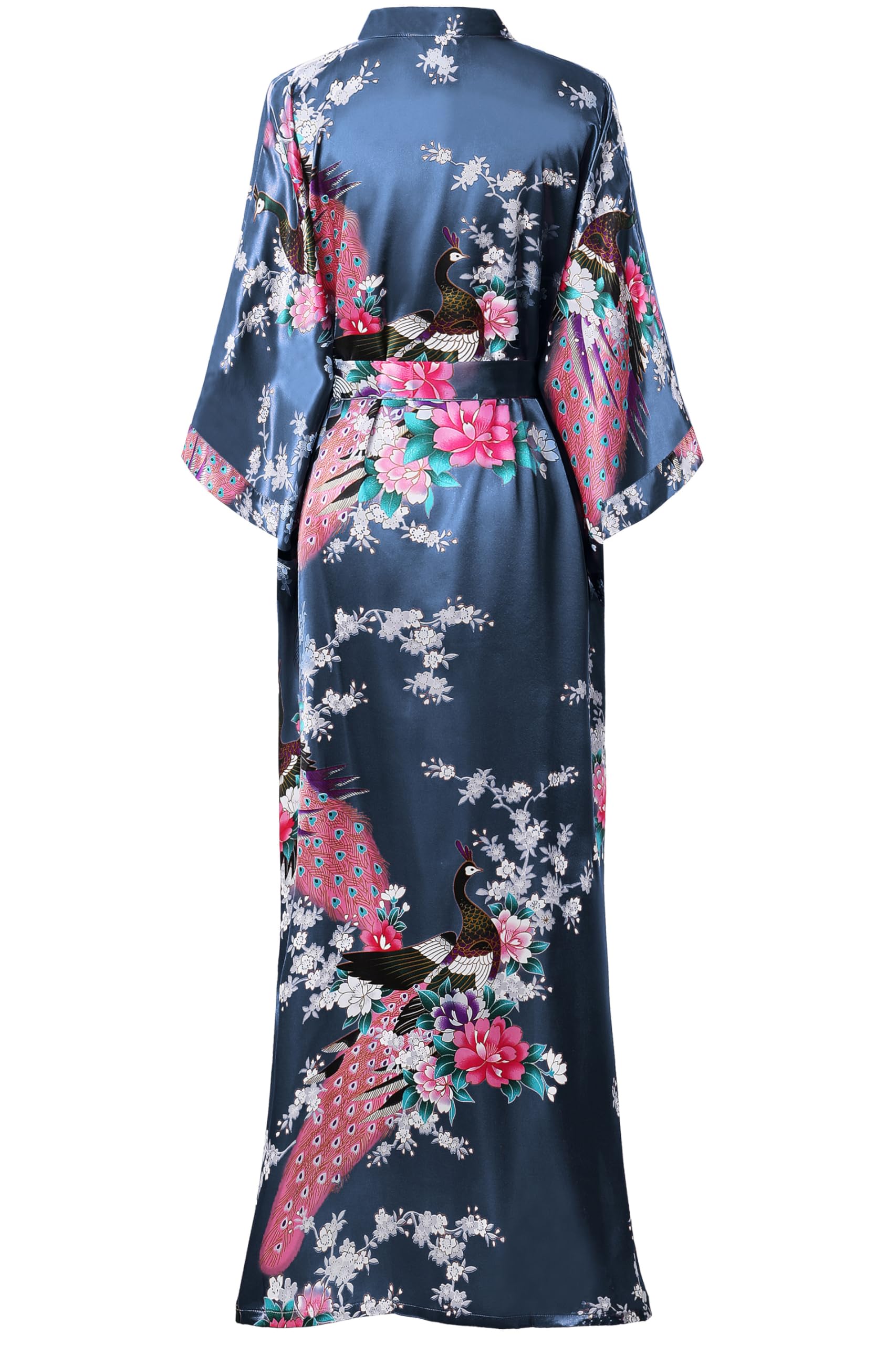 BABEYOND Women's Kimono Robe Long Satin Robes with Peacock and Blossoms Printed Kimono Nightgown
