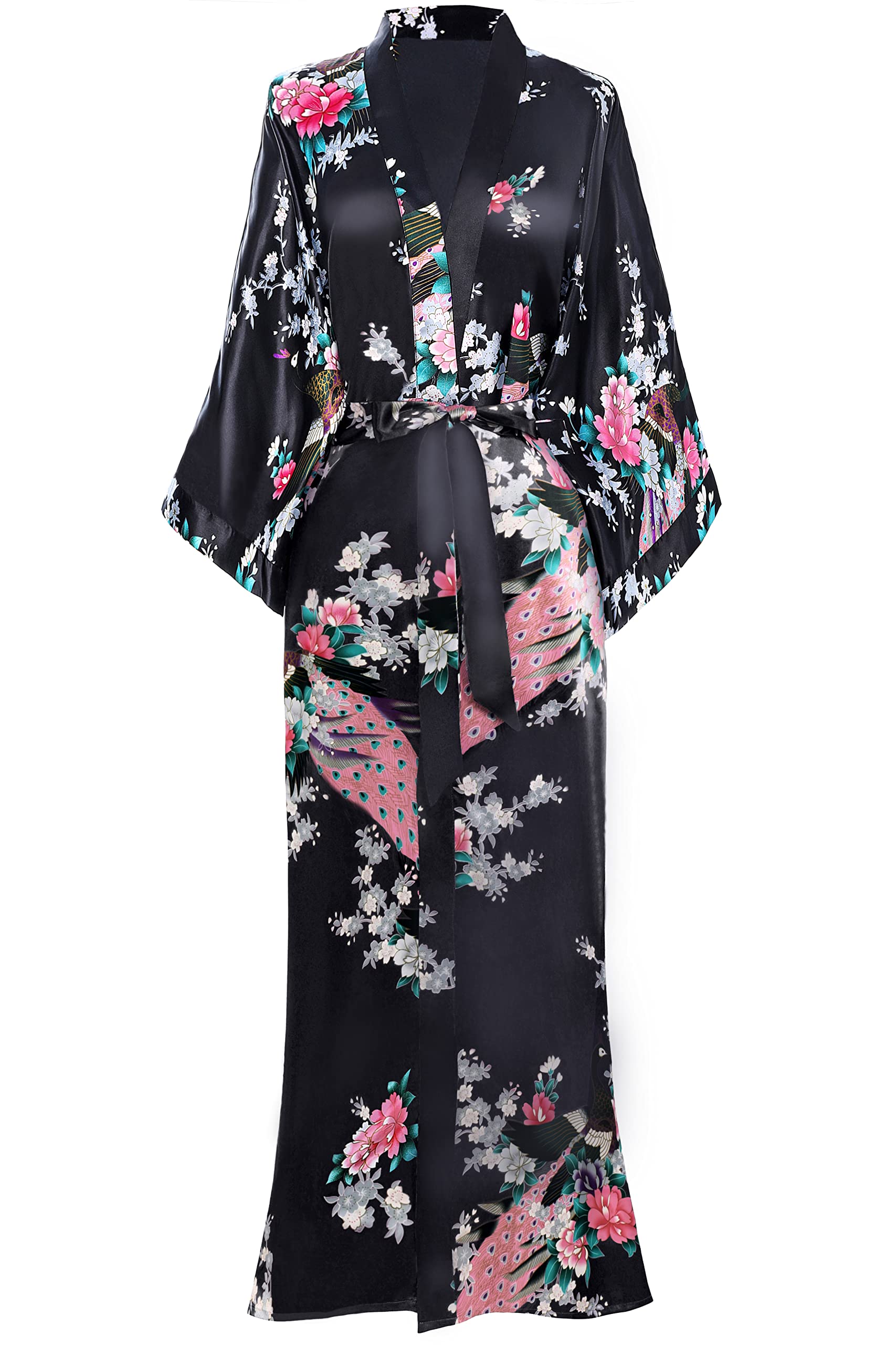 BABEYOND Women's Kimono Robe Long Satin Robes with Peacock and Blossoms Printed Kimono Nightgown