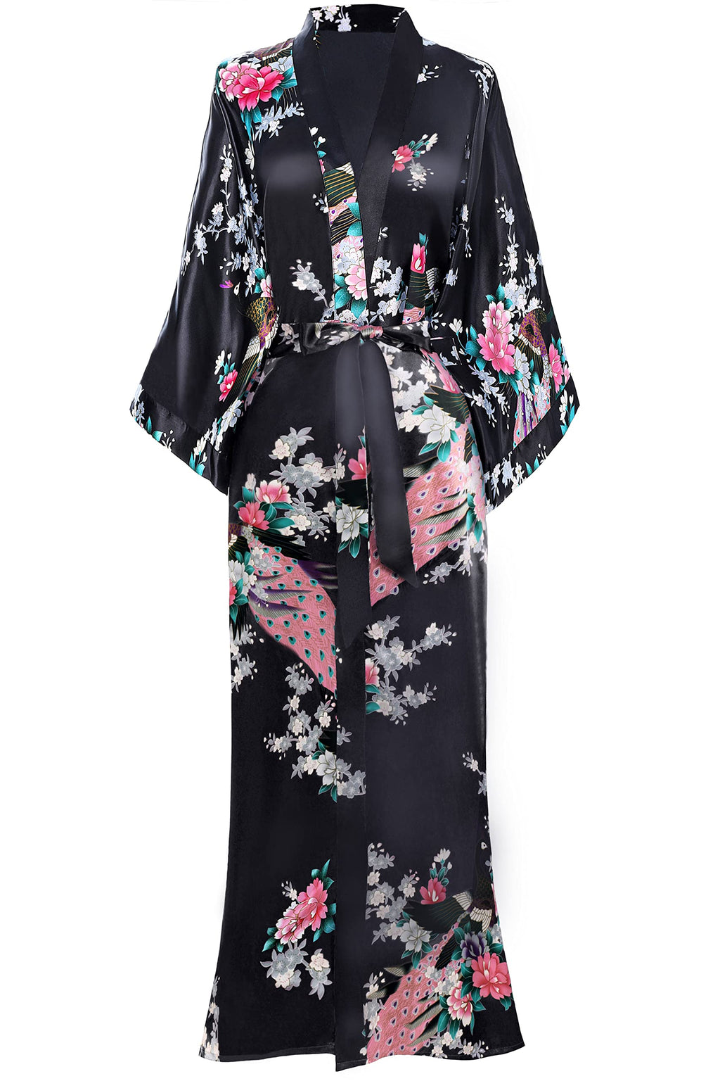 BABEYOND Women's Kimono Robe Long Satin Robes with Peacock and Blossoms Printed Kimono Nightgown