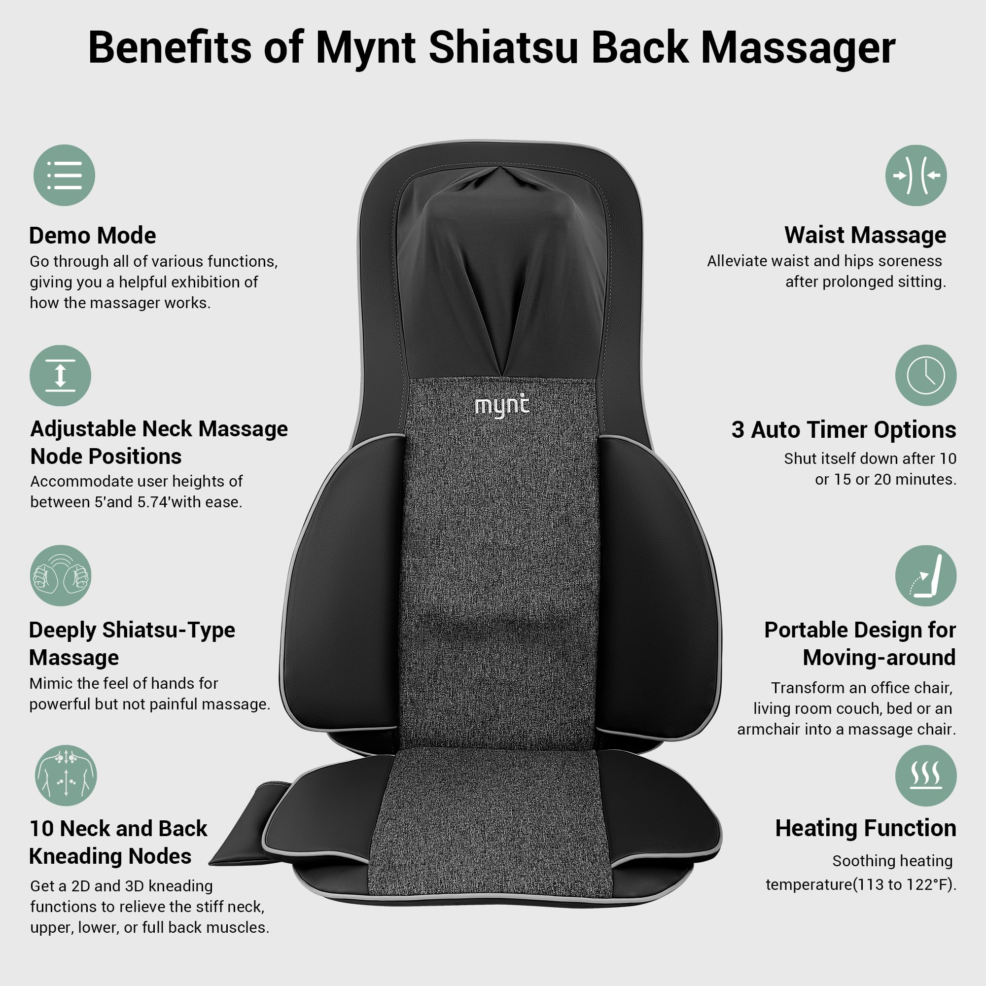 Mynt FSA Eligible HSA Approved Shiatsu Neck and Back Massager for Chair with 10 Deep Kneading Nodes, 2D & 3D Adjustable Back Massage with Heat, Portable Massage Chair Pad with Cover