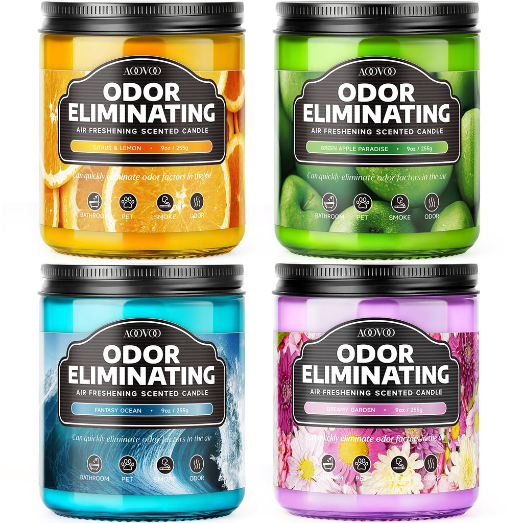 AOOVOO 4 Pack Citrus Lemon Odor Eliminating Highly Fragranced Candle Set - Eliminates 95% of Pet, Smoke, Food, and Other Smells Quickly, Non Toxic Air Freshing Soy Candle