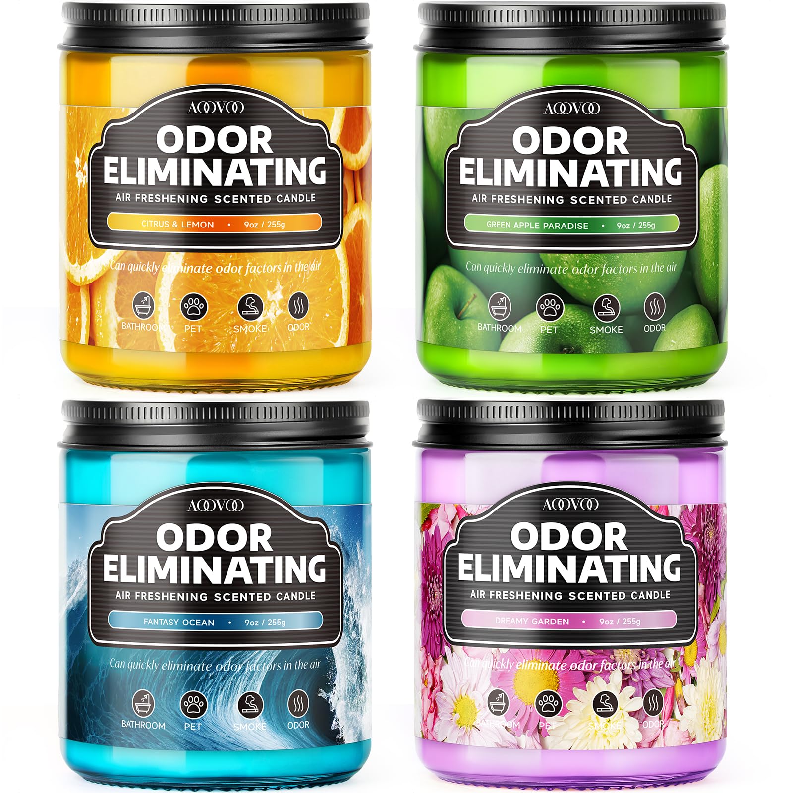 AOOVOO 4 Pack Citrus Lemon Odor Eliminating Highly Fragranced Candle Set - Eliminates 95% of Pet, Smoke, Food, and Other Smells Quickly, Non Toxic Air Freshing Soy Candle
