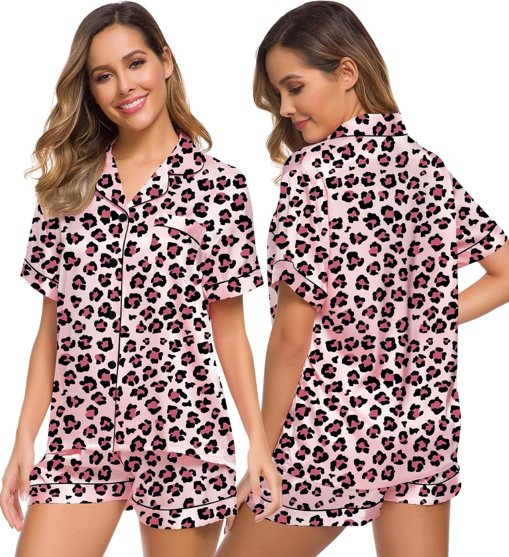 SWOMOG Womens Silk Satin Pajamas Set Short Sleeve Sleepwear Button Down Top and Shorts Loungewear 2 Piece Pjs Set XS-3XL