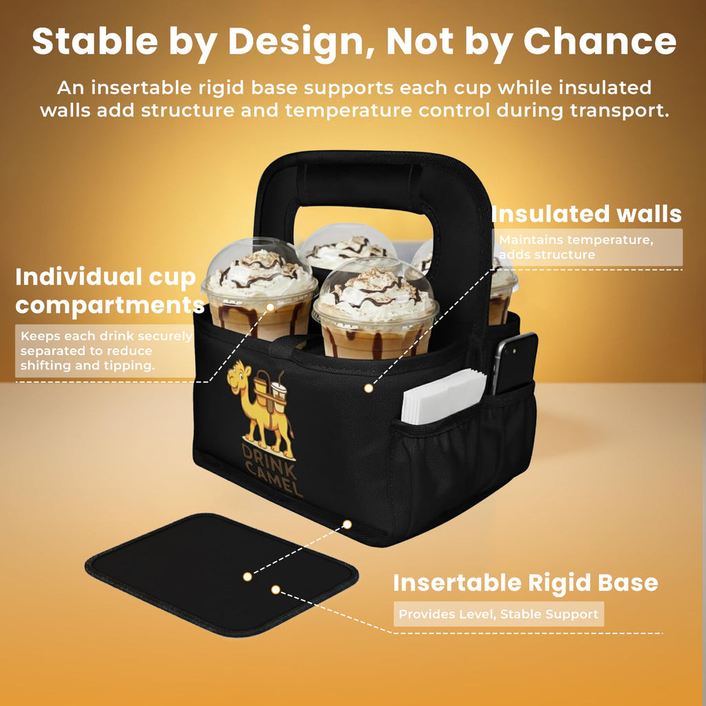Reusable Drink Carrier with Handle – Durable No-Spill Insulated & Collapsible Beverage Bag with Pockets, Portable Caddy for On-the-Go Delivery, Travel & Car Use (6 Cup Carrier, Jet Black)