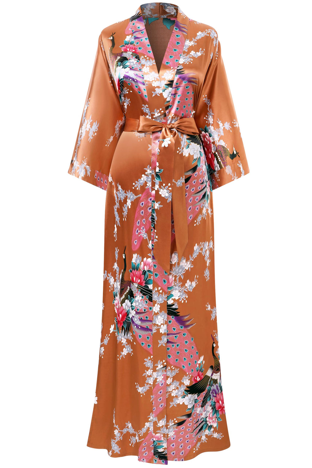 BABEYOND Women's Kimono Robe Long Satin Robes with Peacock and Blossoms Printed Kimono Nightgown