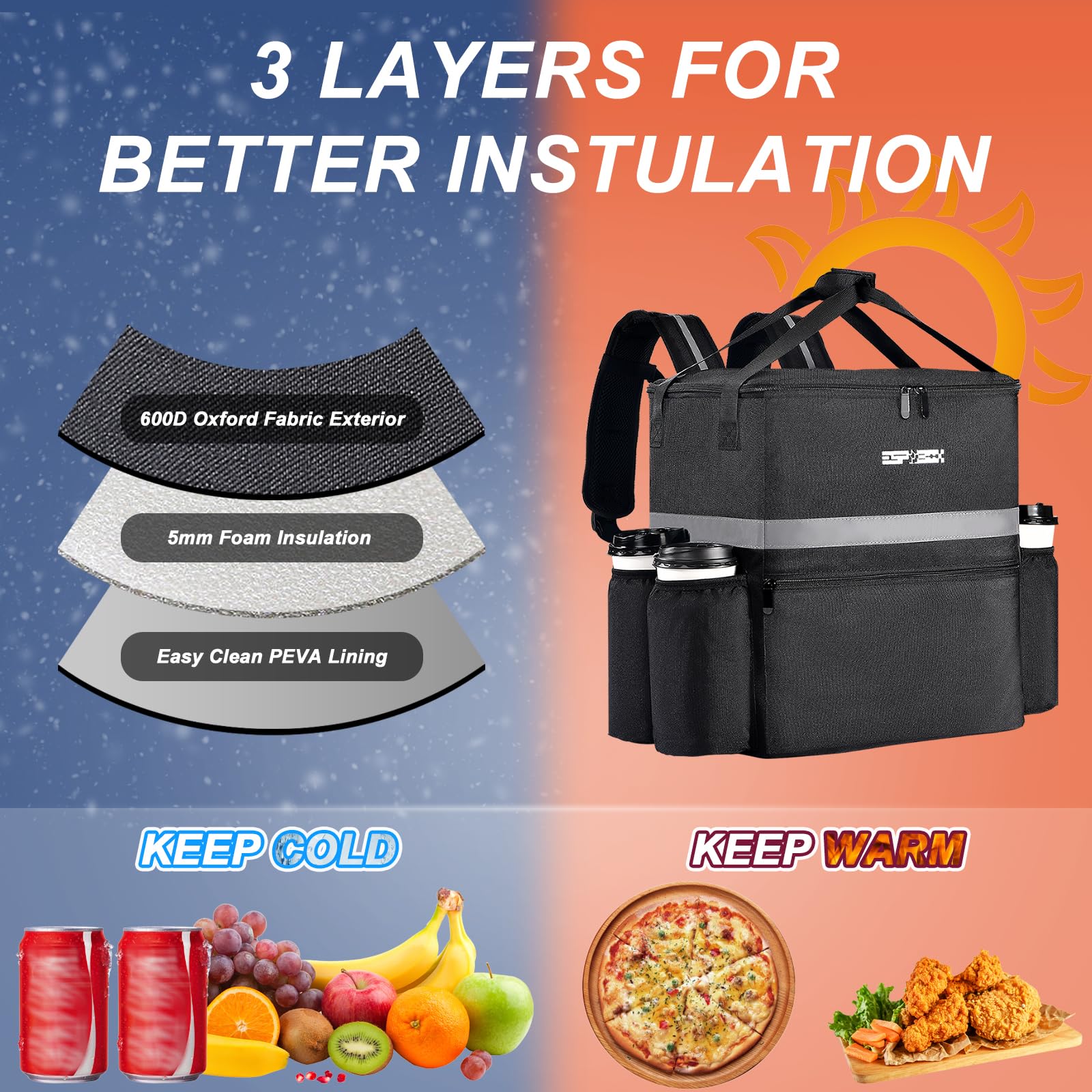 Food Delivery Backpack with 4 Cup Holder, Insulated Pizza Delivery Bag for Delivery Bike, Large Leakproof Delivery Bags for Hot/Cold Food for Uber Eats, Doordash, Postmates（Black）
