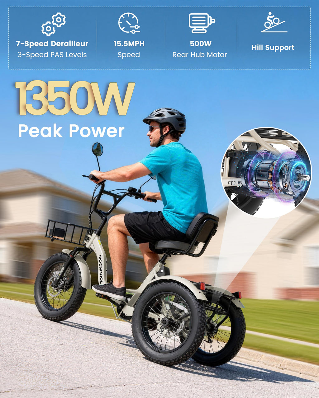 MOONCOOL Electric Tricycle for Adults, 20" x 4" Fat Tire Folding Electric Trike, 48V 500W 3 Wheel Electric Bike, 7 Speed E Trikes for Adults with Removable Battery, Aluminum Frame & Large Basket
