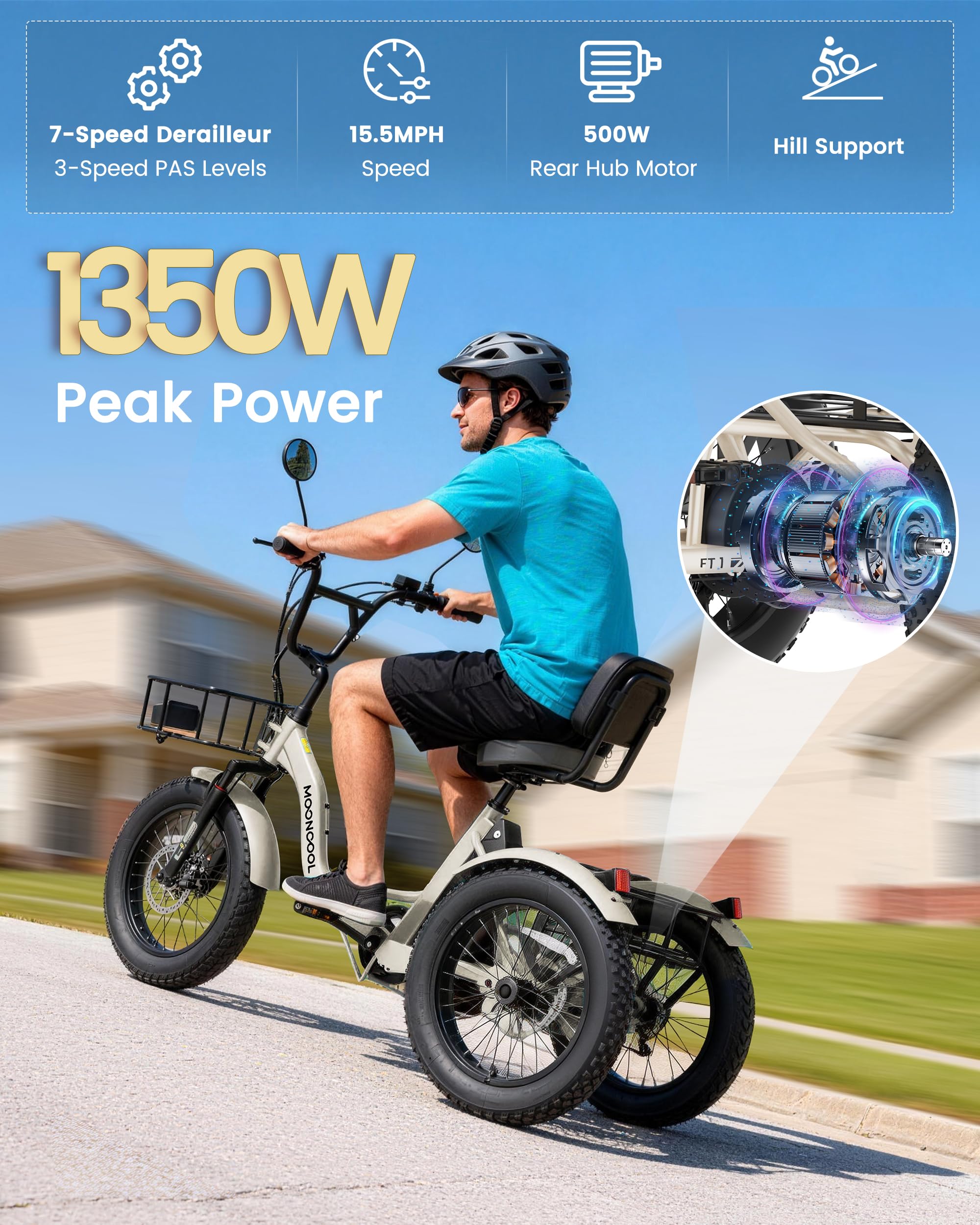 MOONCOOL Electric Tricycle for Adults, 20" x 4" Fat Tire Folding Electric Trike, 48V 500W 3 Wheel Electric Bike, 7 Speed E Trikes for Adults with Removable Battery, Aluminum Frame & Large Basket