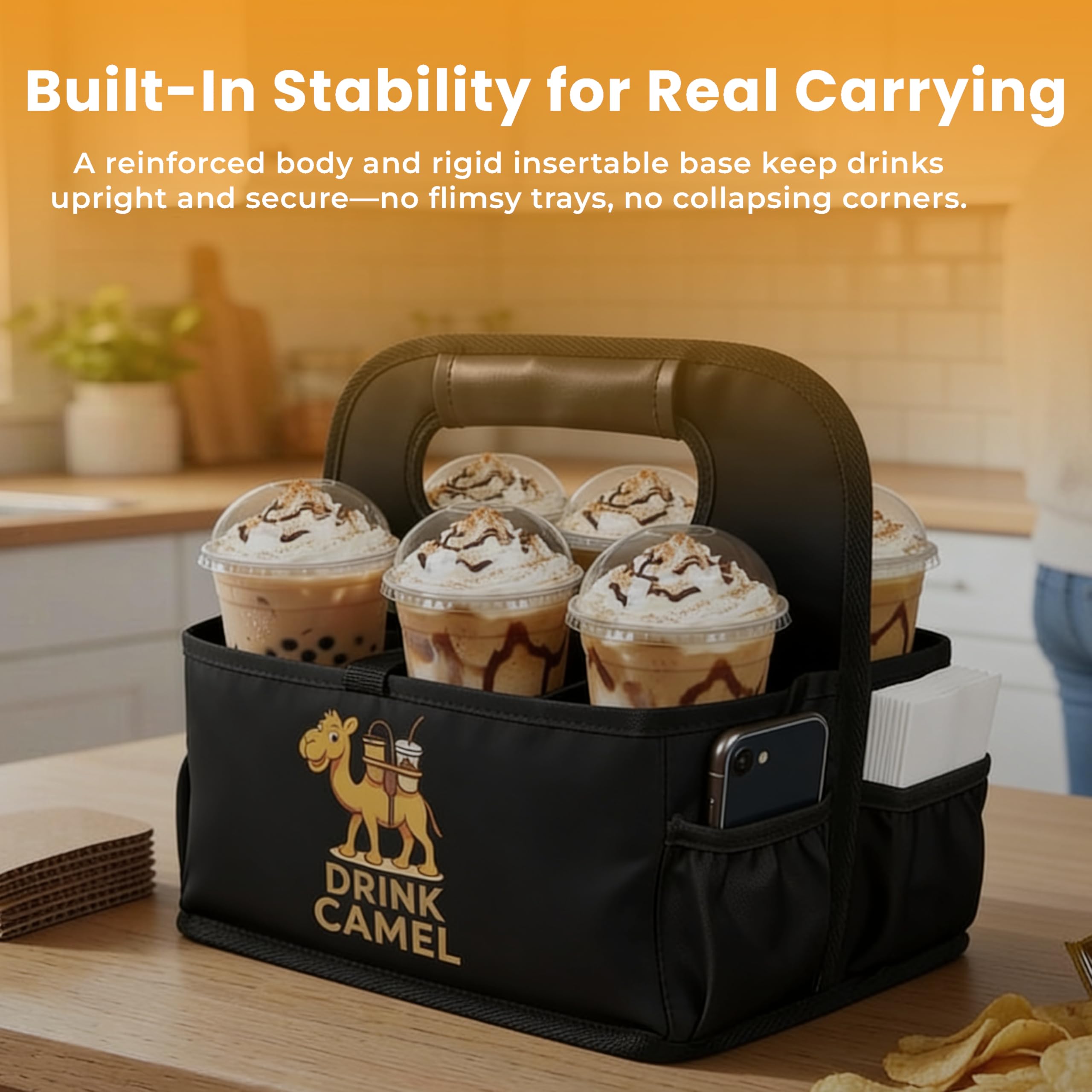 Reusable Drink Carrier with Handle – Durable No-Spill Insulated & Collapsible Beverage Bag with Pockets, Portable Caddy for On-the-Go Delivery, Travel & Car Use (6 Cup Carrier, Jet Black)