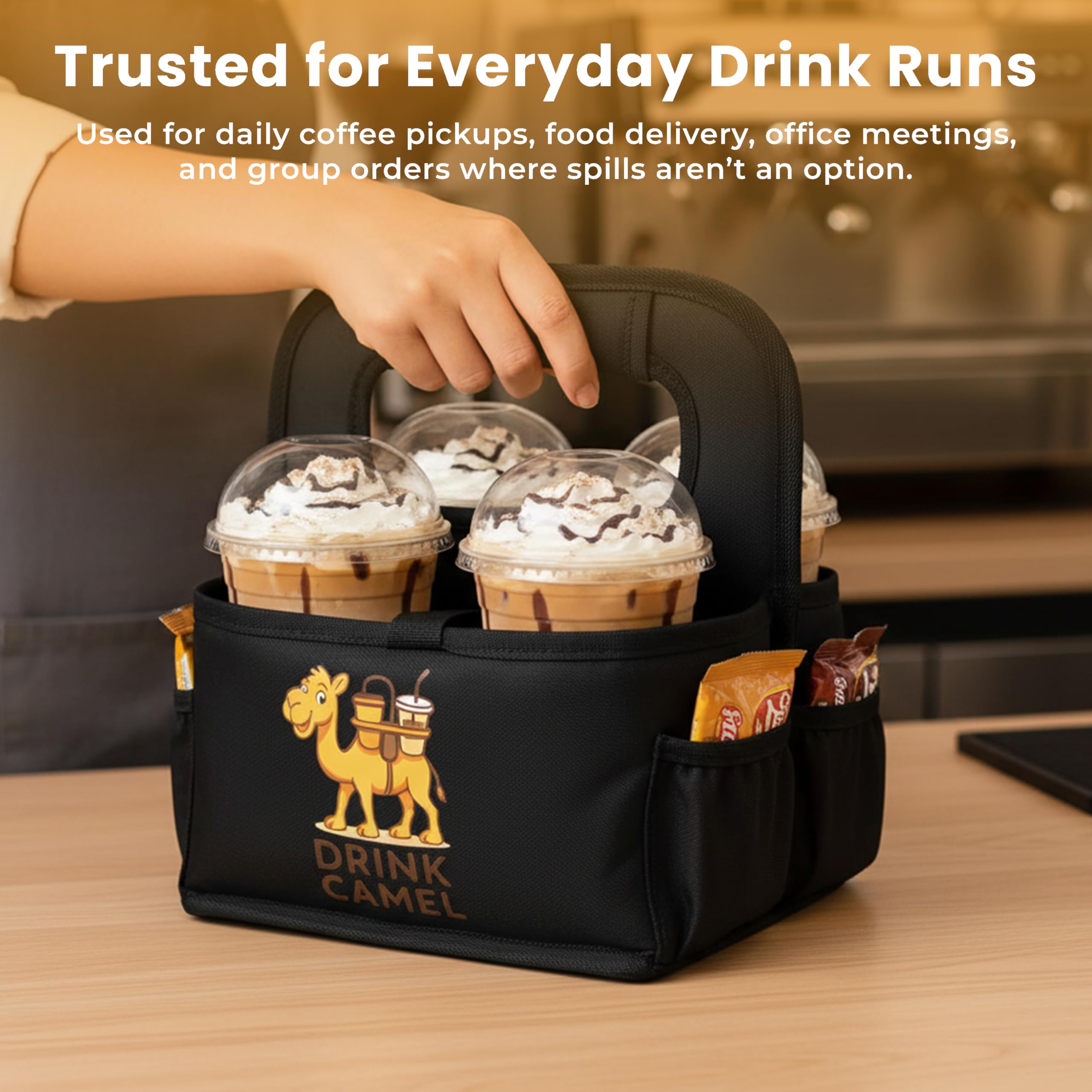Reusable Drink Carrier with Handle – Durable No-Spill Insulated & Collapsible Beverage Bag with Pockets, Portable Caddy for On-the-Go Delivery, Travel & Car Use (6 Cup Carrier, Jet Black)