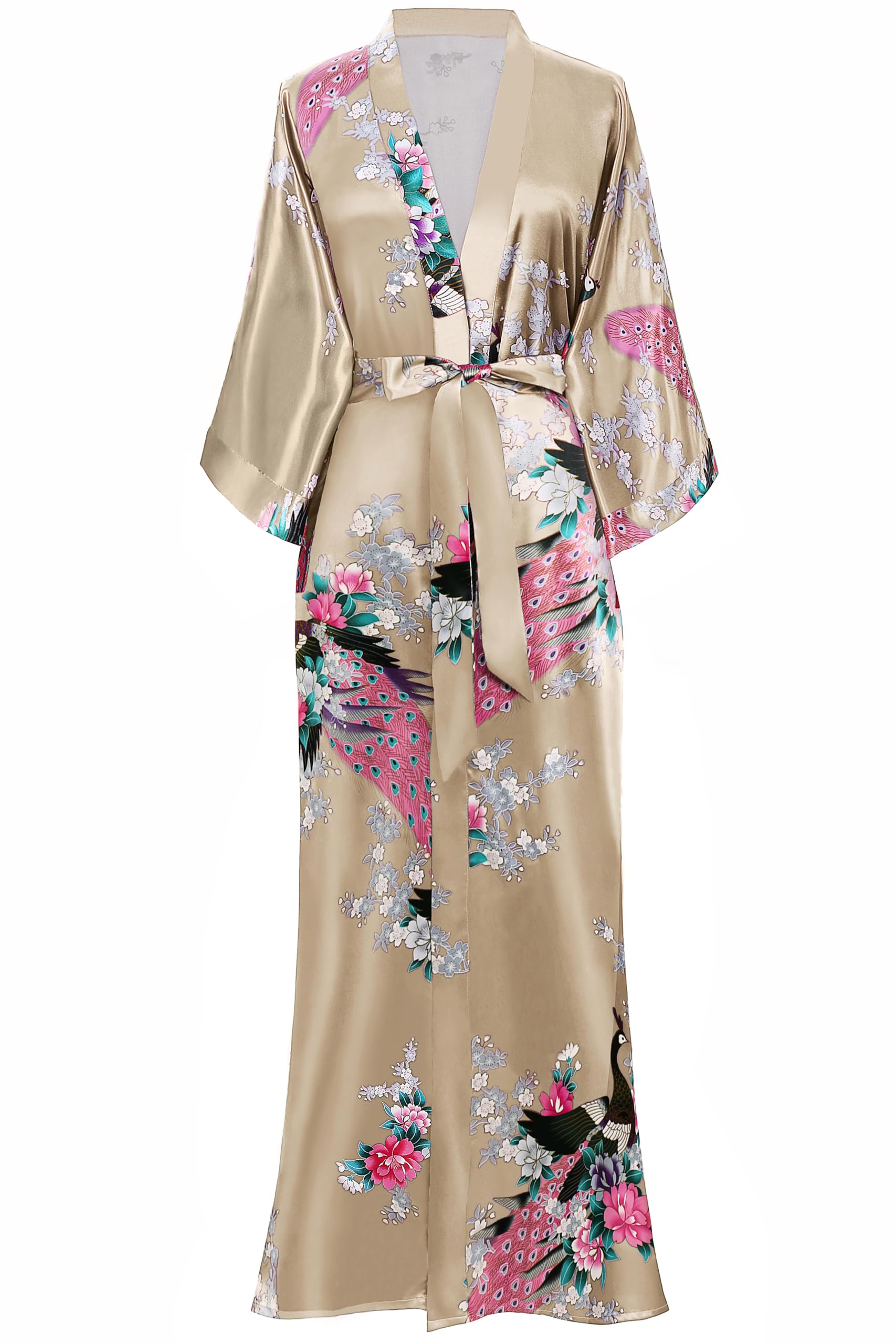 BABEYOND Women's Kimono Robe Long Satin Robes with Peacock and Blossoms Printed Kimono Nightgown
