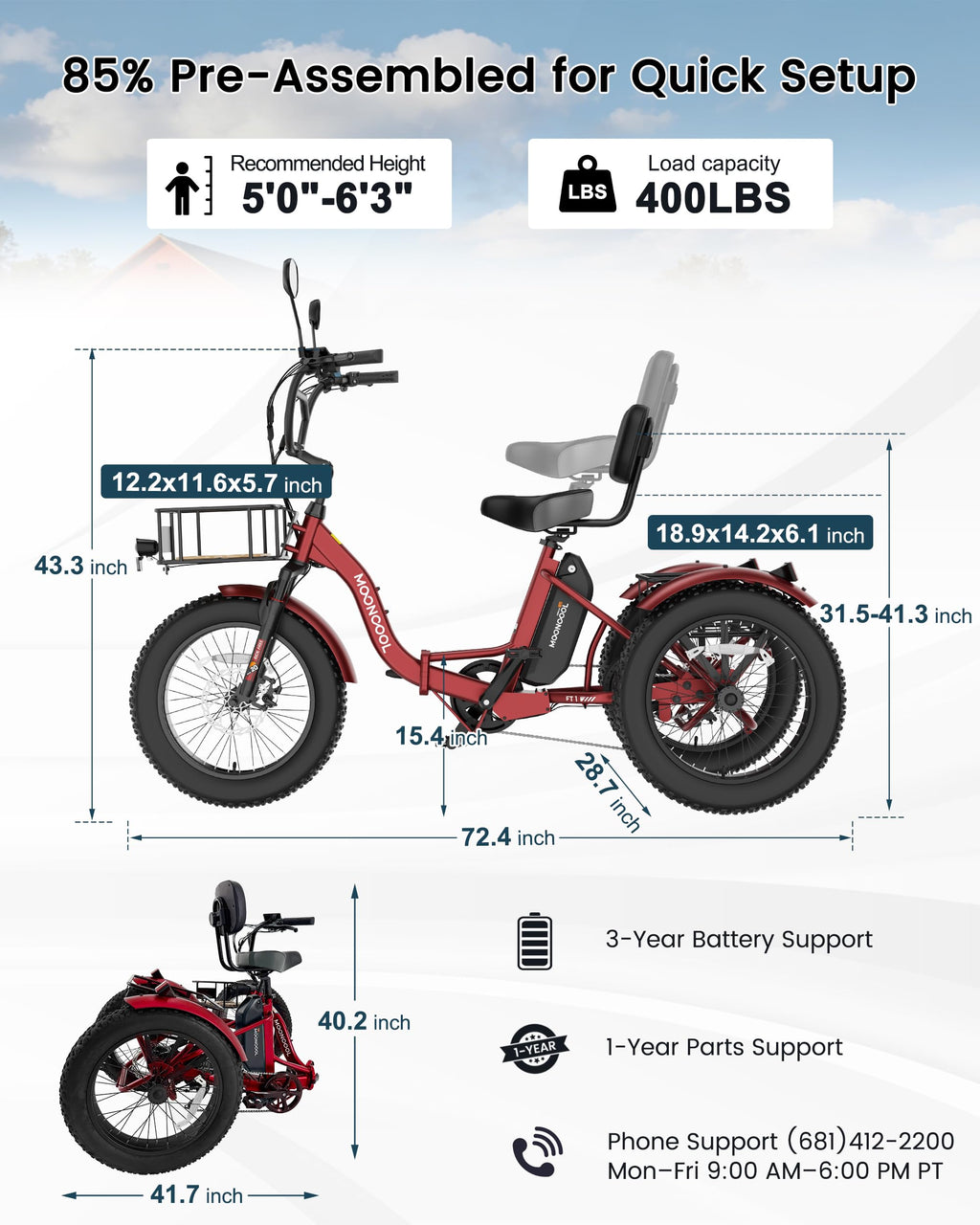 MOONCOOL Electric Tricycle for Adults, 20" x 4" Fat Tire Folding Electric Trike, 48V 500W 3 Wheel Electric Bike, 7 Speed E Trikes for Adults with Removable Battery, Aluminum Frame & Large Basket