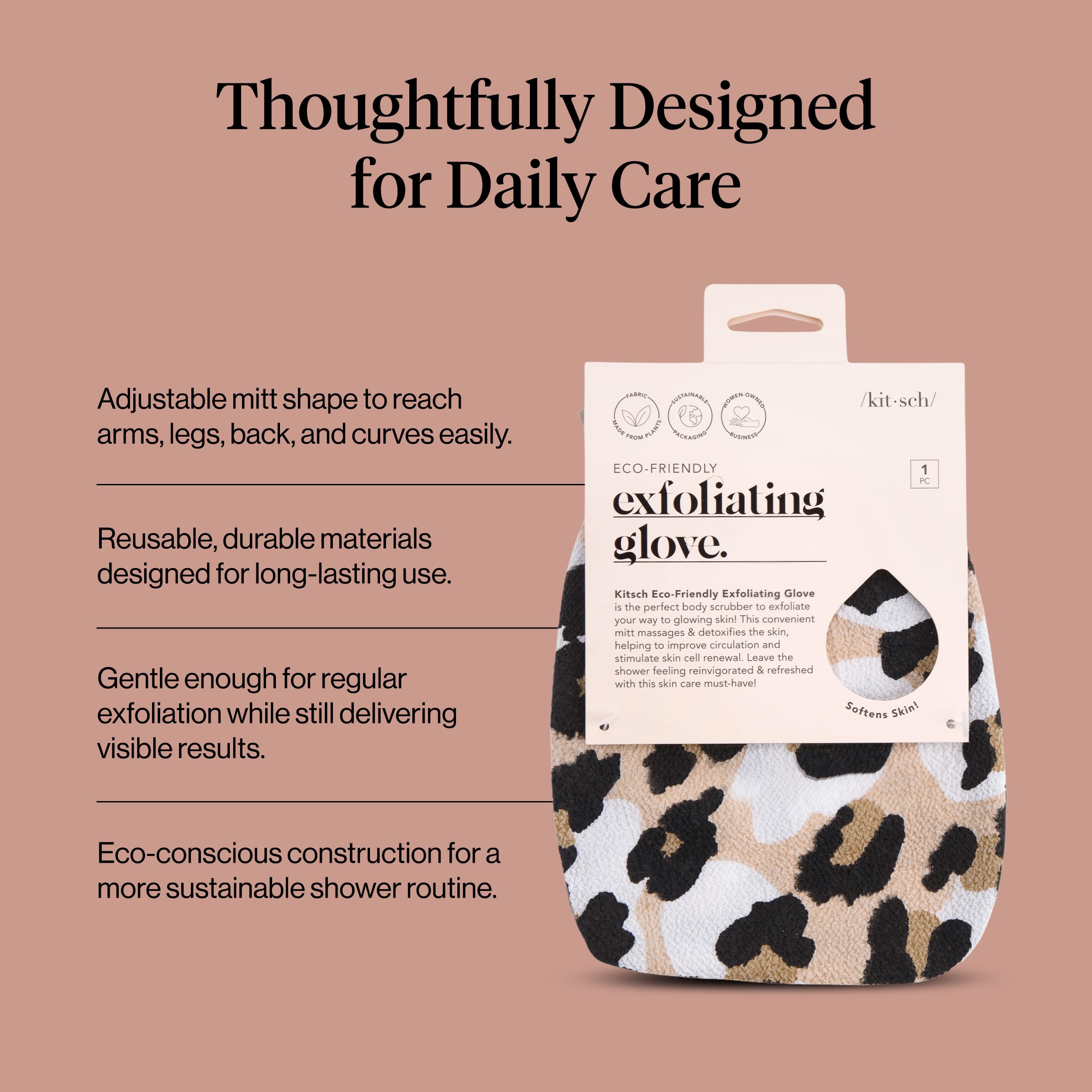 Kitsch Exfoliating Glove 1pc – Korean Exfoliating Mitt & Deep Exfoliating Body Scrubber for Shower, Bath | Body Exfoliator Glove, Dead Skin Remover | Skin Care for Smooth Skin - Leopard