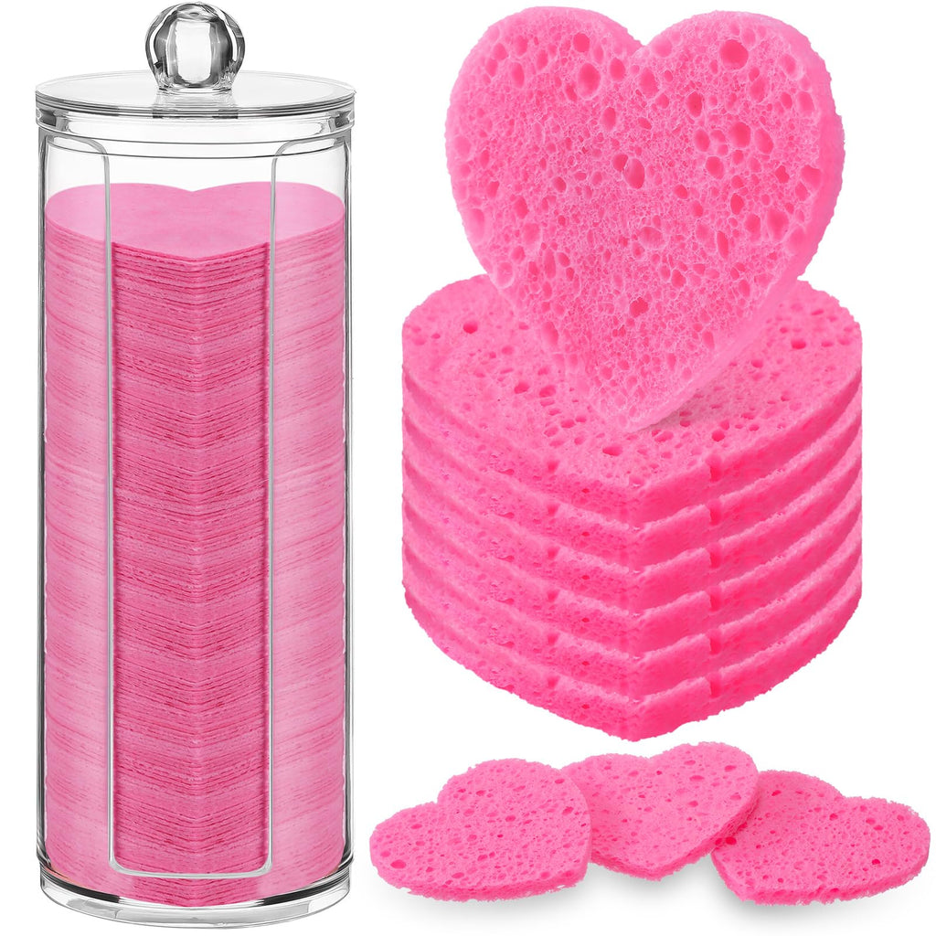 Sieral 120 Pcs Compressed Facial Sponges for Women with Container Disposable Face Sponge Pads for Mask Washing Face Cleansing Exfoliating Pore Esthetician Makeup Removal(Heart,Multicolor)