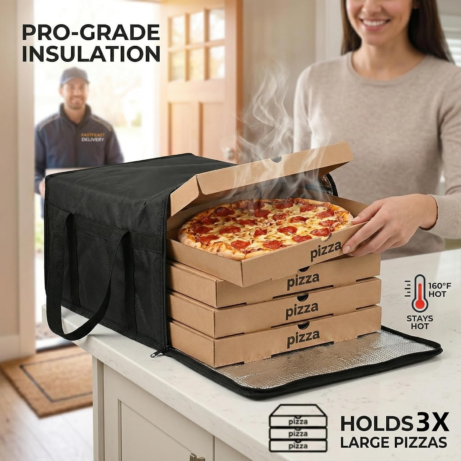 19.6" x 19.6" x 5.9" Insulated Pizza Delivery Bag with Zipper Closure, Thermal Food Carrier for Hot & Cold Meals, Reusable Delivery Bag for Catering, Transport & Home Use, Black (1 Pack)