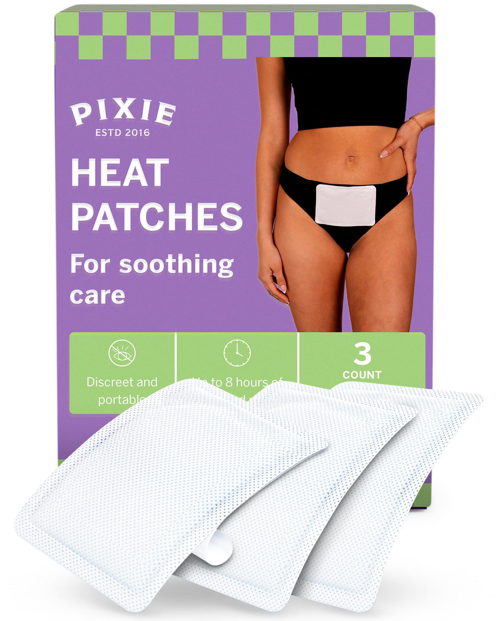 Pixie Period Cramps Menstrual Pain Relief Heat Patches - Lower Abdominal & Back Ache Therapy - Natural Alternative to Lidocaine ICY Hot - Up to 8 Hours - 3 Count Discreet Disposable Heat Pads