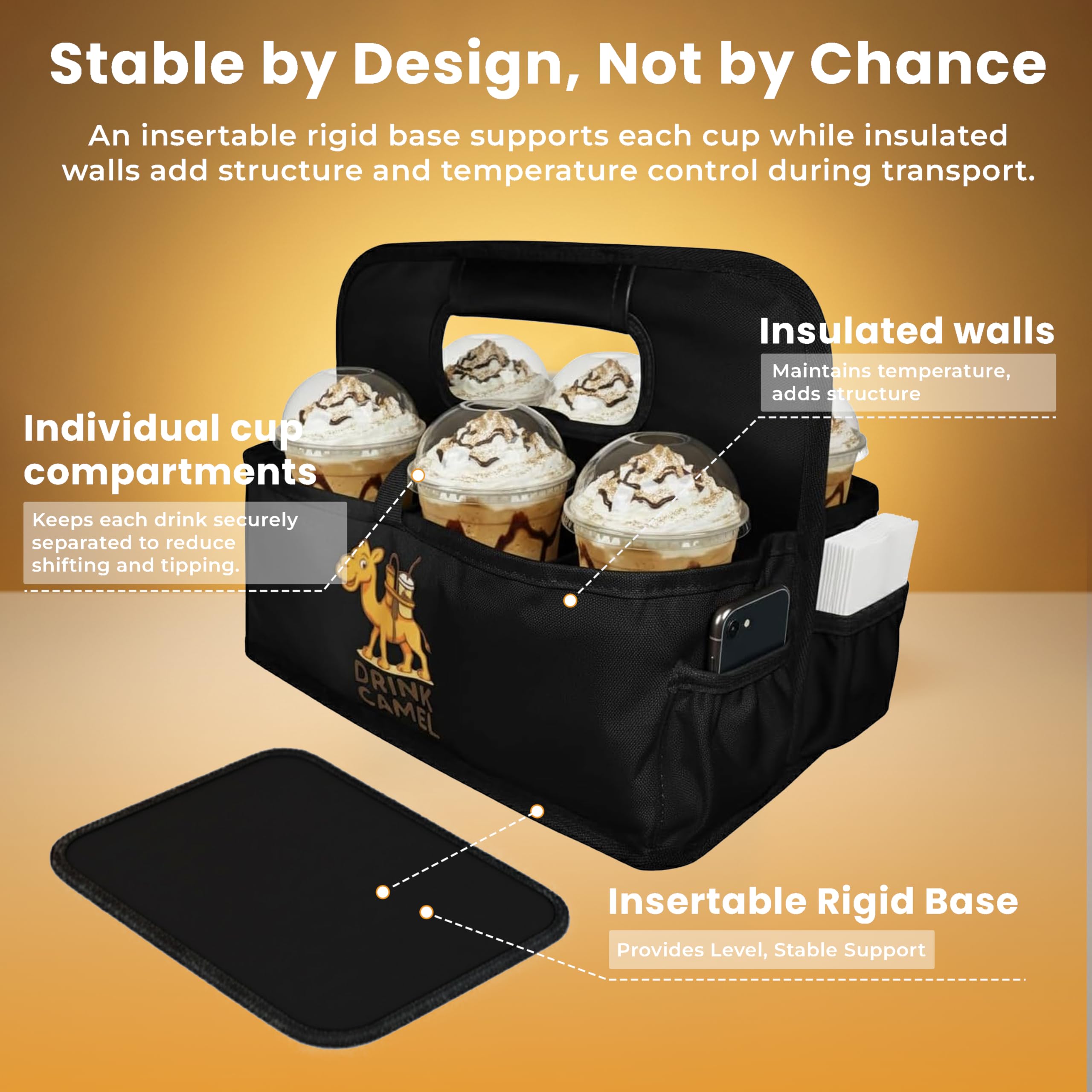 Reusable Drink Carrier with Handle – Durable No-Spill Insulated & Collapsible Beverage Bag with Pockets, Portable Caddy for On-the-Go Delivery, Travel & Car Use (6 Cup Carrier, Jet Black)