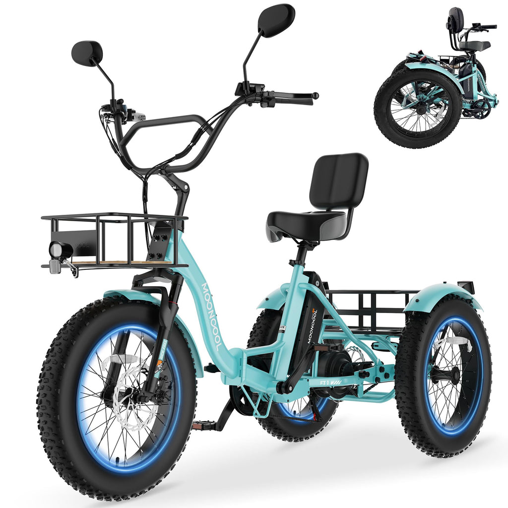 MOONCOOL Electric Tricycle for Adults, 20" x 4" Fat Tire Folding Electric Trike, 48V 500W 3 Wheel Electric Bike, 7 Speed E Trikes for Adults with Removable Battery, Aluminum Frame & Large Basket