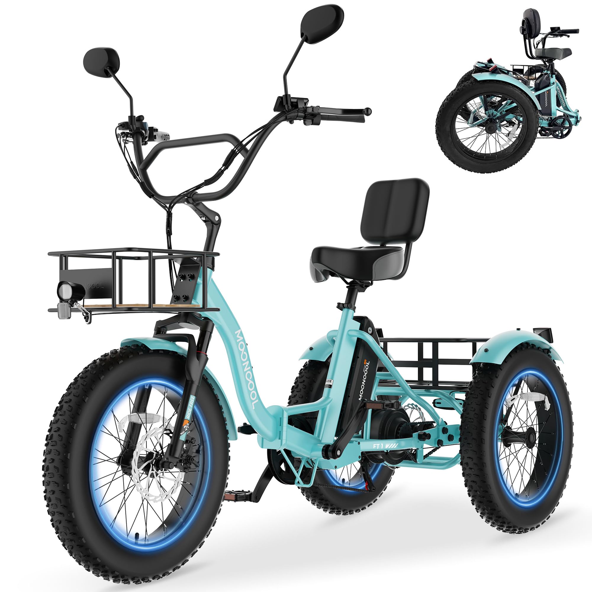 MOONCOOL Electric Tricycle for Adults, 20" x 4" Fat Tire Folding Electric Trike, 48V 500W 3 Wheel Electric Bike, 7 Speed E Trikes for Adults with Removable Battery, Aluminum Frame & Large Basket