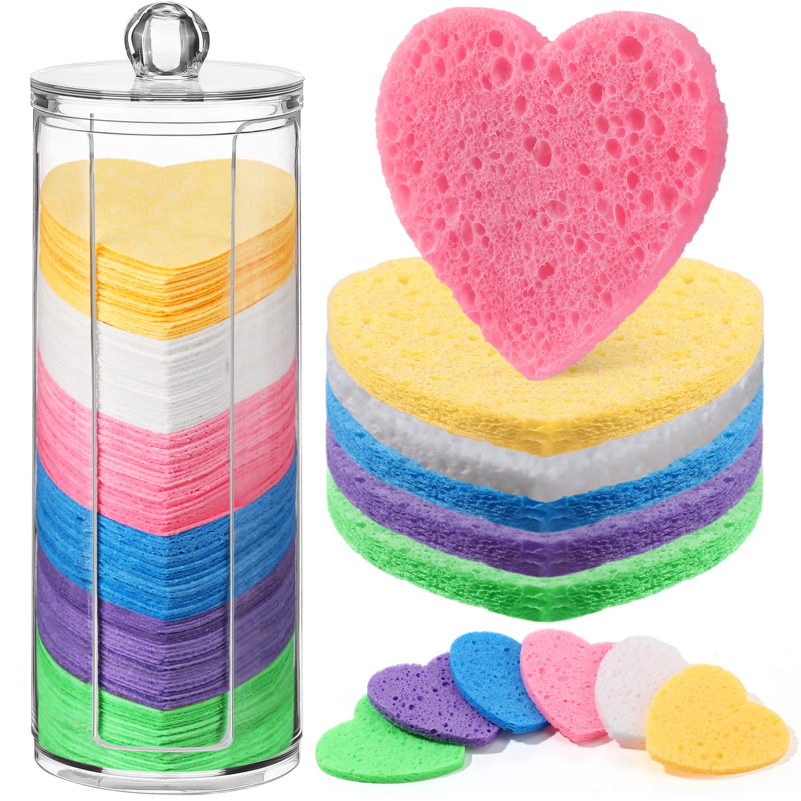 Sieral 120 Pcs Compressed Facial Sponges for Women with Container Disposable Face Sponge Pads for Mask Washing Face Cleansing Exfoliating Pore Esthetician Makeup Removal(Heart,Multicolor)