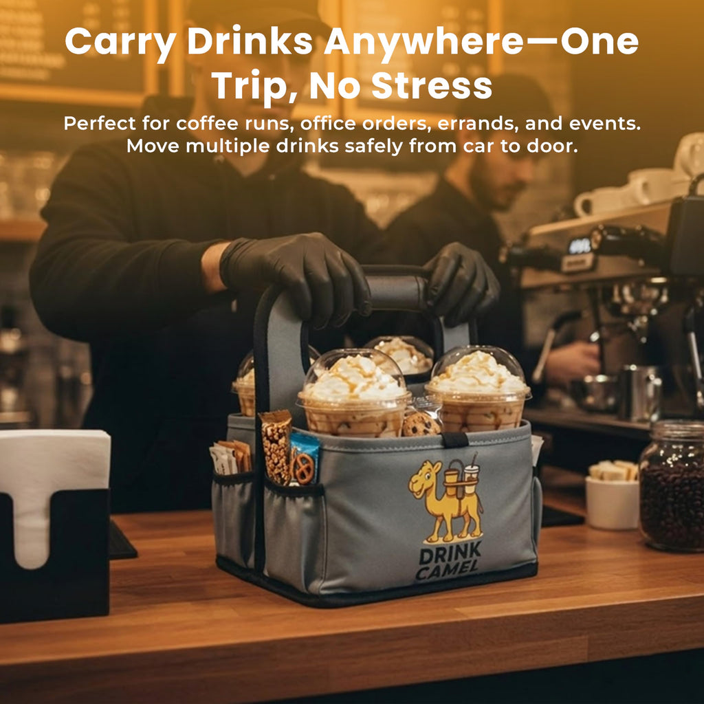 Reusable Drink Carrier with Handle – Durable No-Spill Insulated & Collapsible Beverage Bag with Pockets, Portable Caddy for On-the-Go Delivery, Travel & Car Use (6 Cup Carrier, Jet Black)