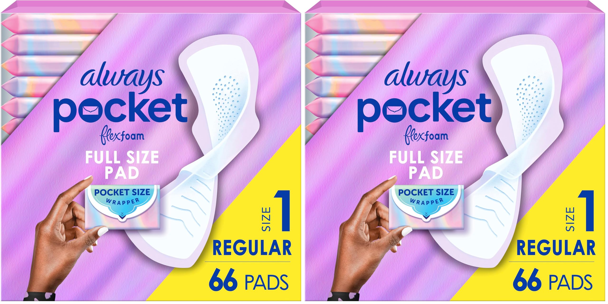Always Pocket Feminine Pads with FlexFoam, Size 1, Regular, with Wings, Unscented, 66 Count (3 Packs of 22)