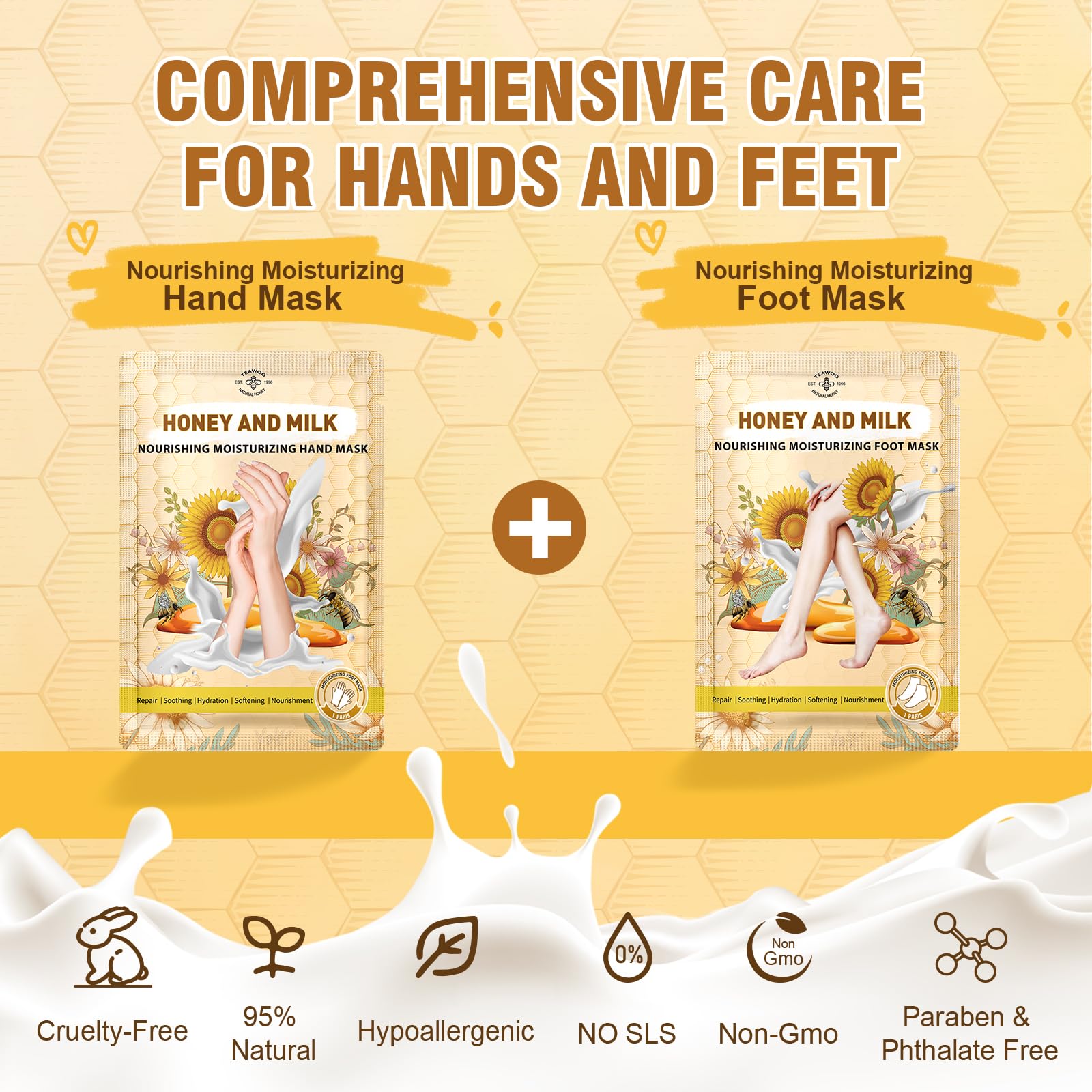 TEAWOO 18 Pairs Moisturizing Hand & Foot Masks with Honey, Milk, Vitamin E & Glycerin, Intensely Hydrating Foot Mask for Dry Cracked Feet, Moisturizing Socks for Cracked Heel Treatment