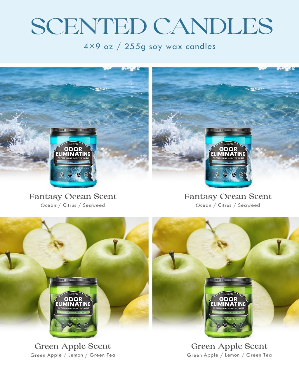 AOOVOO 4 Pack Citrus Lemon Odor Eliminating Highly Fragranced Candle Set - Eliminates 95% of Pet, Smoke, Food, and Other Smells Quickly, Non Toxic Air Freshing Soy Candle
