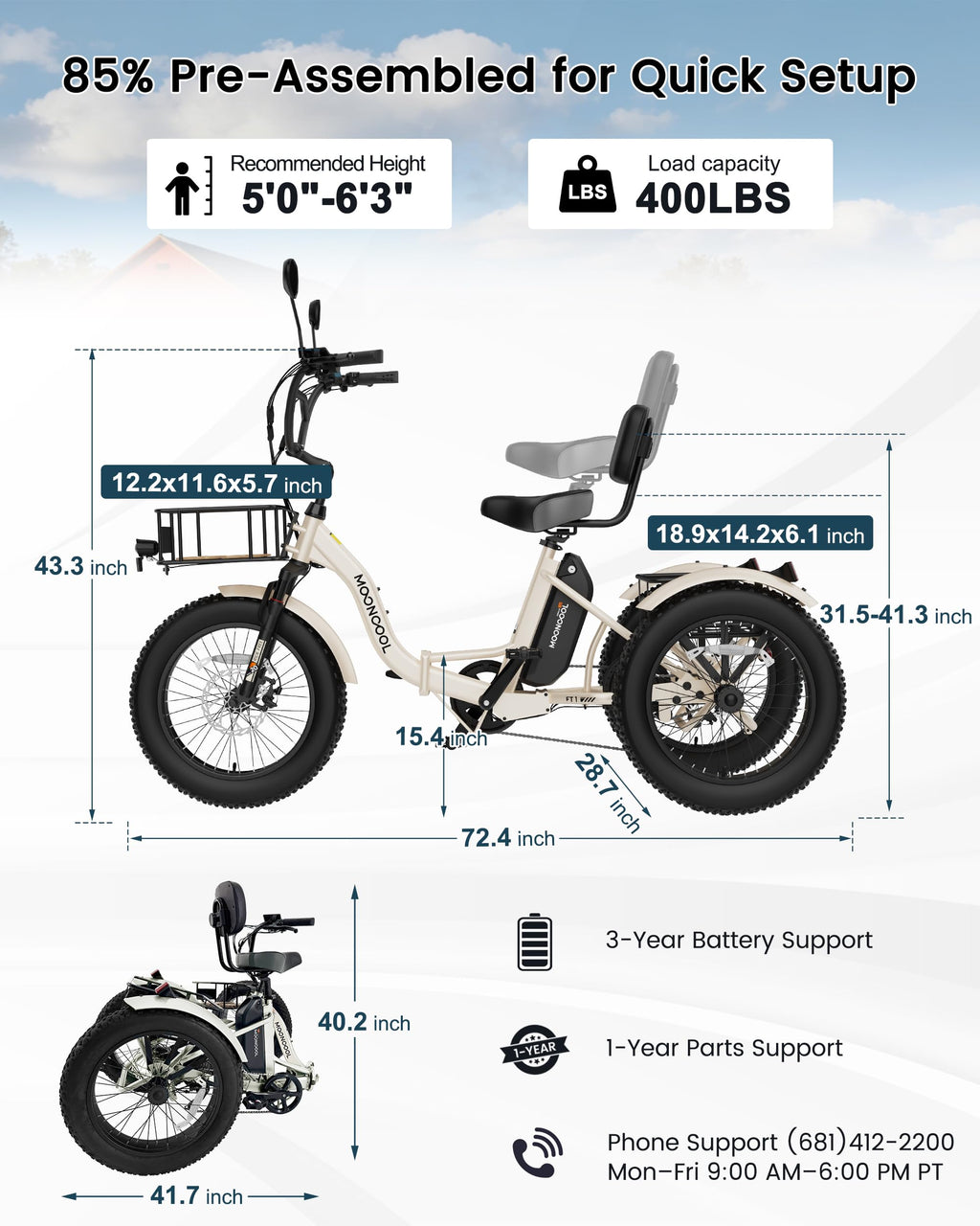 MOONCOOL Electric Tricycle for Adults, 20" x 4" Fat Tire Folding Electric Trike, 48V 500W 3 Wheel Electric Bike, 7 Speed E Trikes for Adults with Removable Battery, Aluminum Frame & Large Basket