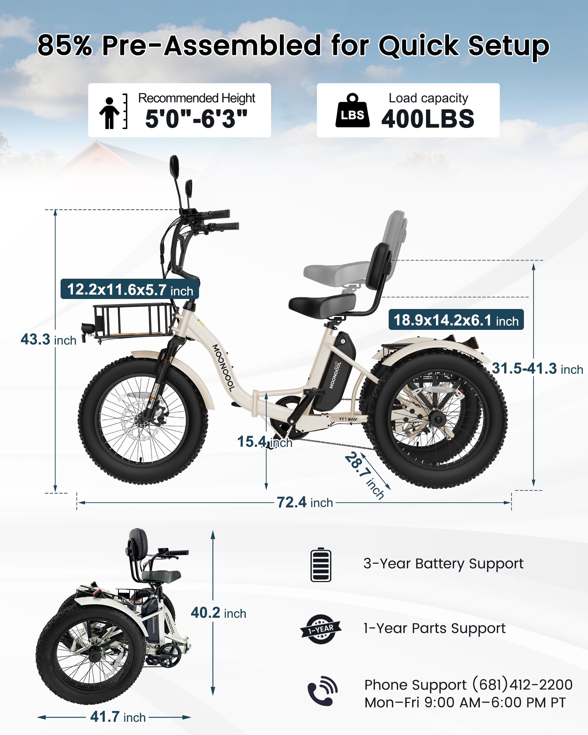 MOONCOOL Electric Tricycle for Adults, 20" x 4" Fat Tire Folding Electric Trike, 48V 500W 3 Wheel Electric Bike, 7 Speed E Trikes for Adults with Removable Battery, Aluminum Frame & Large Basket