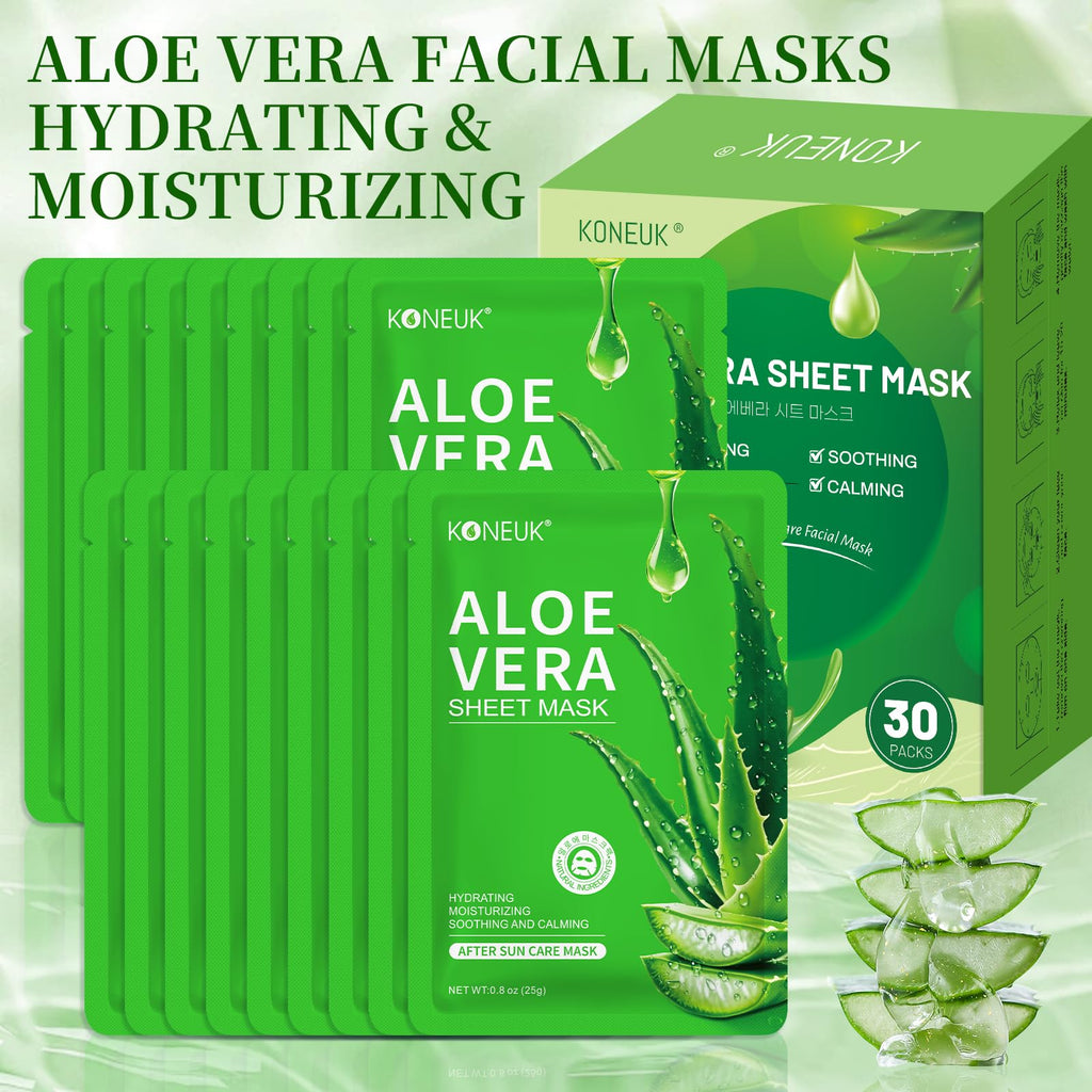 KONEUK 30 Pack Aloe Vera Hydrating Face Masks Skincare, Moisturizing & Soothing Sheet Face Mask for Skin Care, Bulk Aloe Face Masks for After Sun Skin Care, Spa Party Gifts for Women