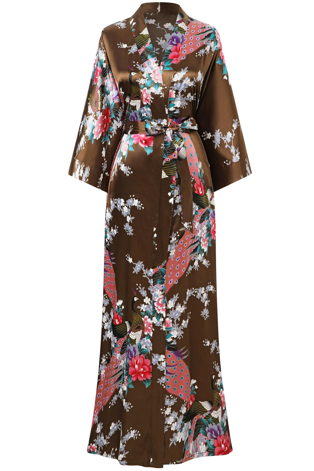 BABEYOND Women's Kimono Robe Long Satin Robes with Peacock and Blossoms Printed Kimono Nightgown