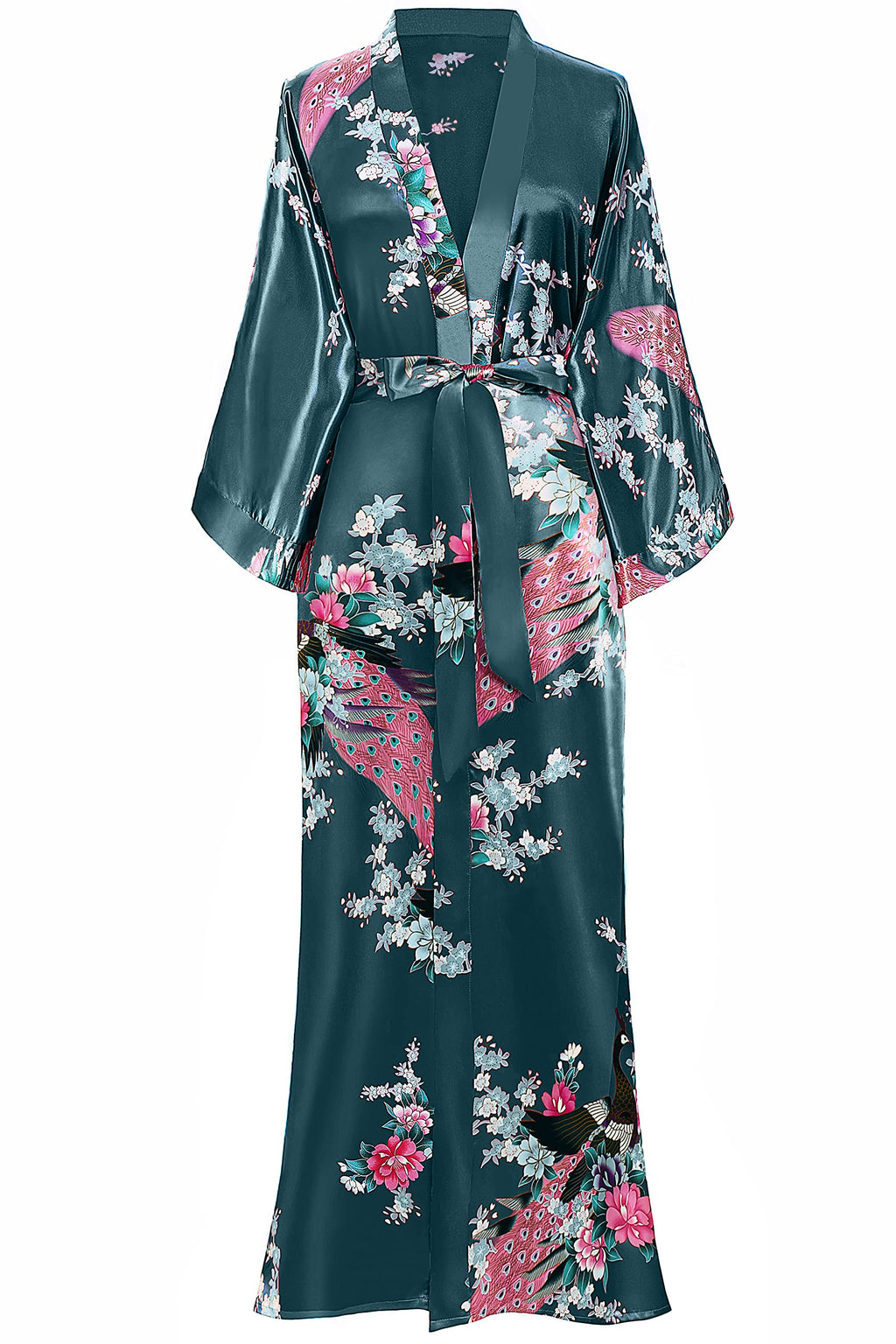 BABEYOND Women's Kimono Robe Long Satin Robes with Peacock and Blossoms Printed Kimono Nightgown