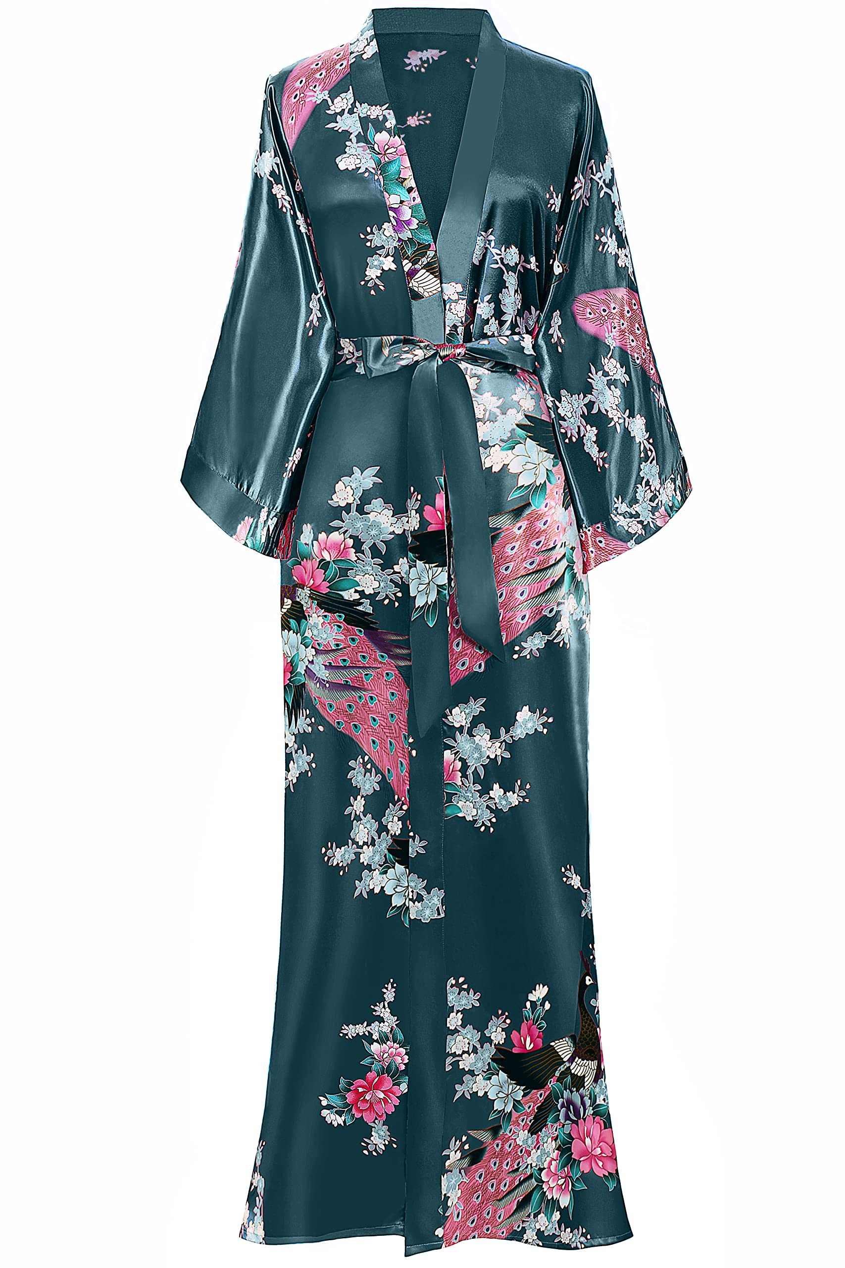 BABEYOND Women's Kimono Robe Long Satin Robes with Peacock and Blossoms Printed Kimono Nightgown