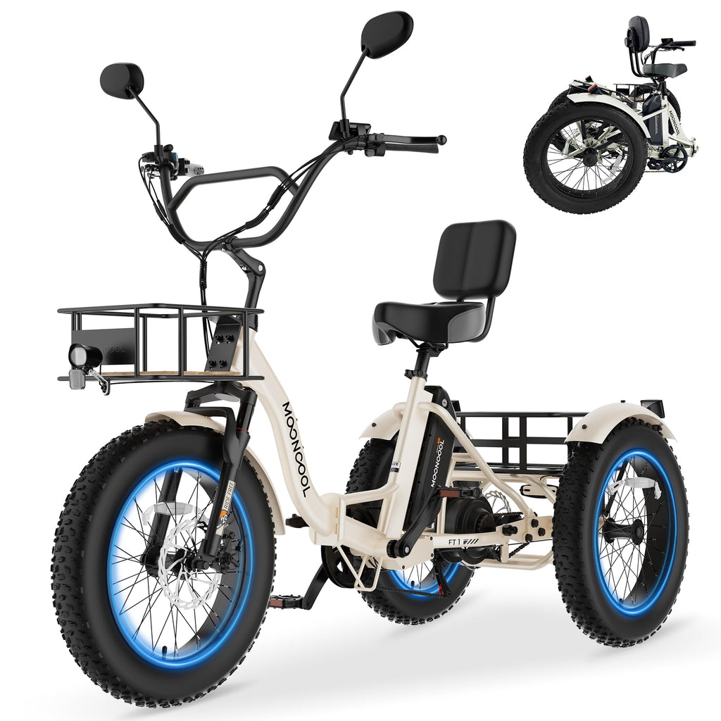 MOONCOOL Electric Tricycle for Adults, 20" x 4" Fat Tire Folding Electric Trike, 48V 500W 3 Wheel Electric Bike, 7 Speed E Trikes for Adults with Removable Battery, Aluminum Frame & Large Basket