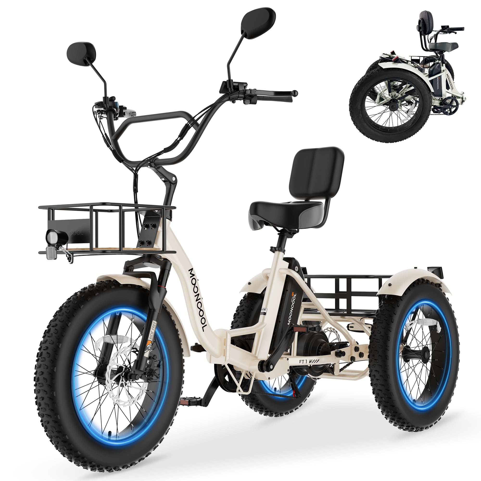 MOONCOOL Electric Tricycle for Adults, 20" x 4" Fat Tire Folding Electric Trike, 48V 500W 3 Wheel Electric Bike, 7 Speed E Trikes for Adults with Removable Battery, Aluminum Frame & Large Basket