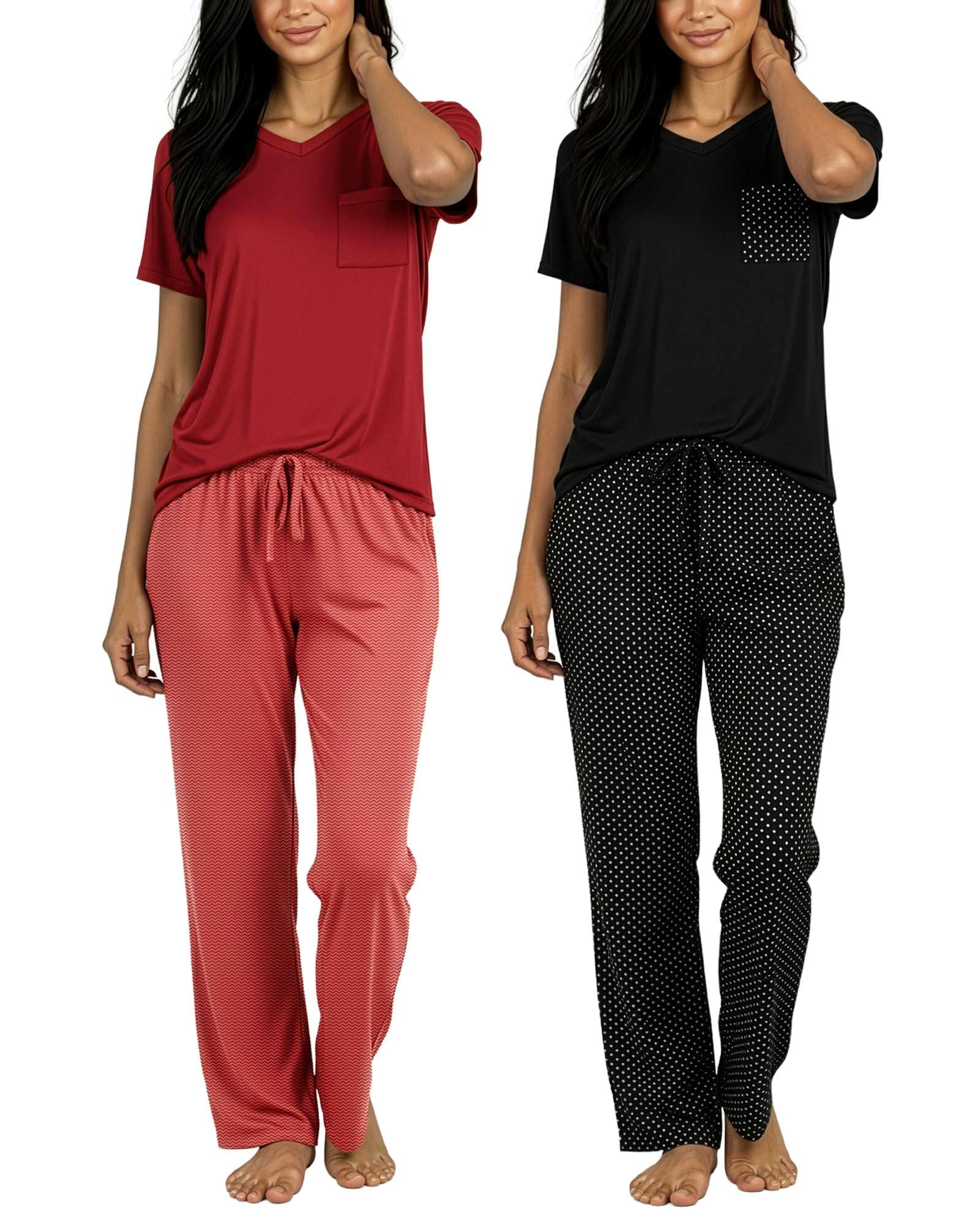 Real Essentials 2 Pack: Women's Comfy Pajama Sets - Short Sleeve Ladies Loungewear Sleepwear PJs (Available In Plus)