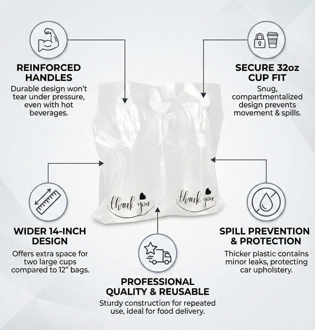 2-Cup Drink Carrier Bags, 32oz Cup Holder for Delivery, 100 pack | Increased 14 inch Width, Stronger Handles, Hot and Cold Beverages, Thick & Stable, Thank You Print, Spill Containment Design