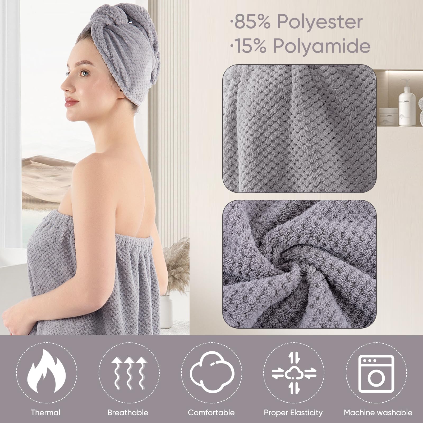 Spa Robe Bath wrap Towels for Women and Hair Drying Towel Waffle Spa Wraps with Pocket Adjustable Closure Lightweight Towel Wraps for Bath Shower (4, Purple)