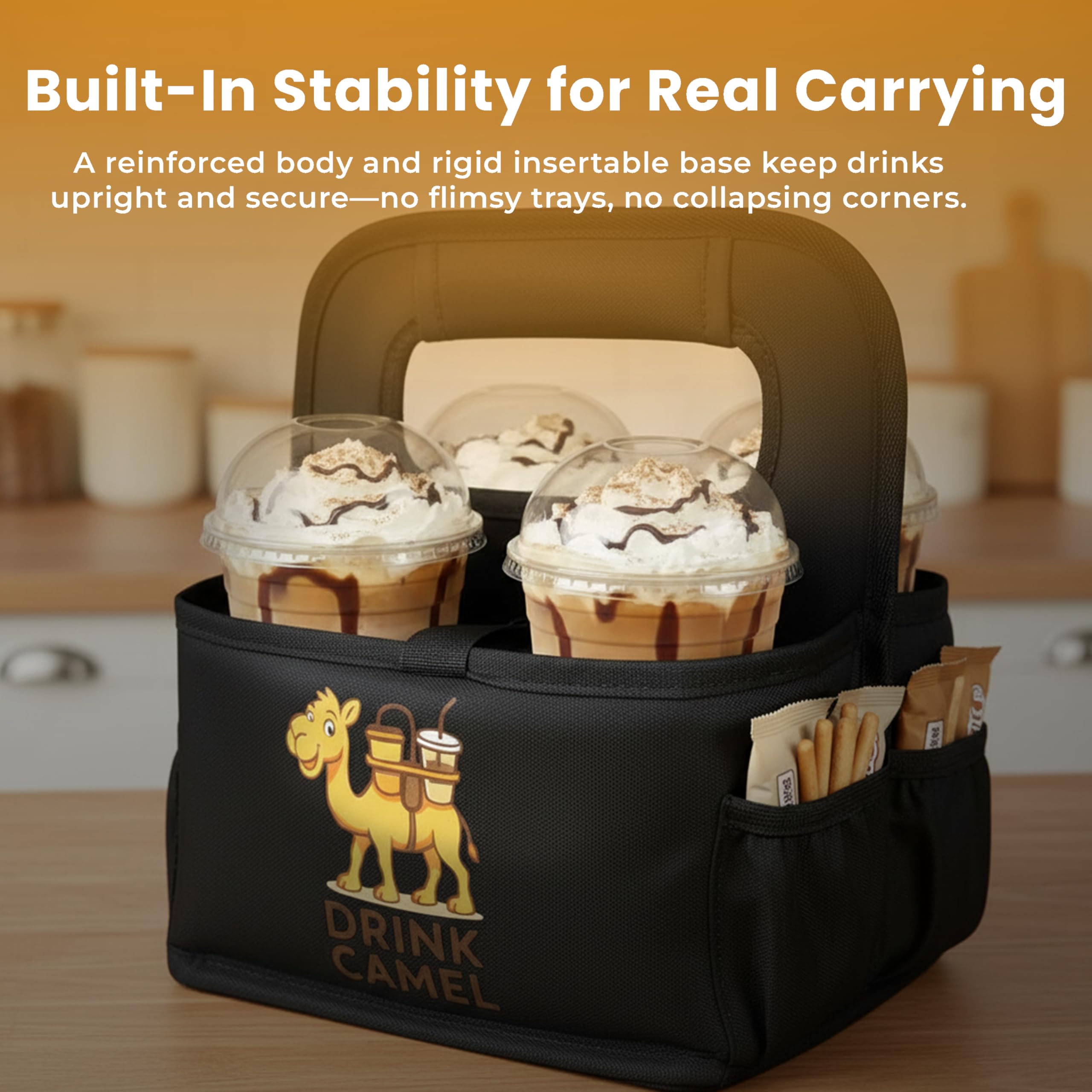 Reusable Drink Carrier with Handle – Durable No-Spill Insulated & Collapsible Beverage Bag with Pockets, Portable Caddy for On-the-Go Delivery, Travel & Car Use (6 Cup Carrier, Jet Black)