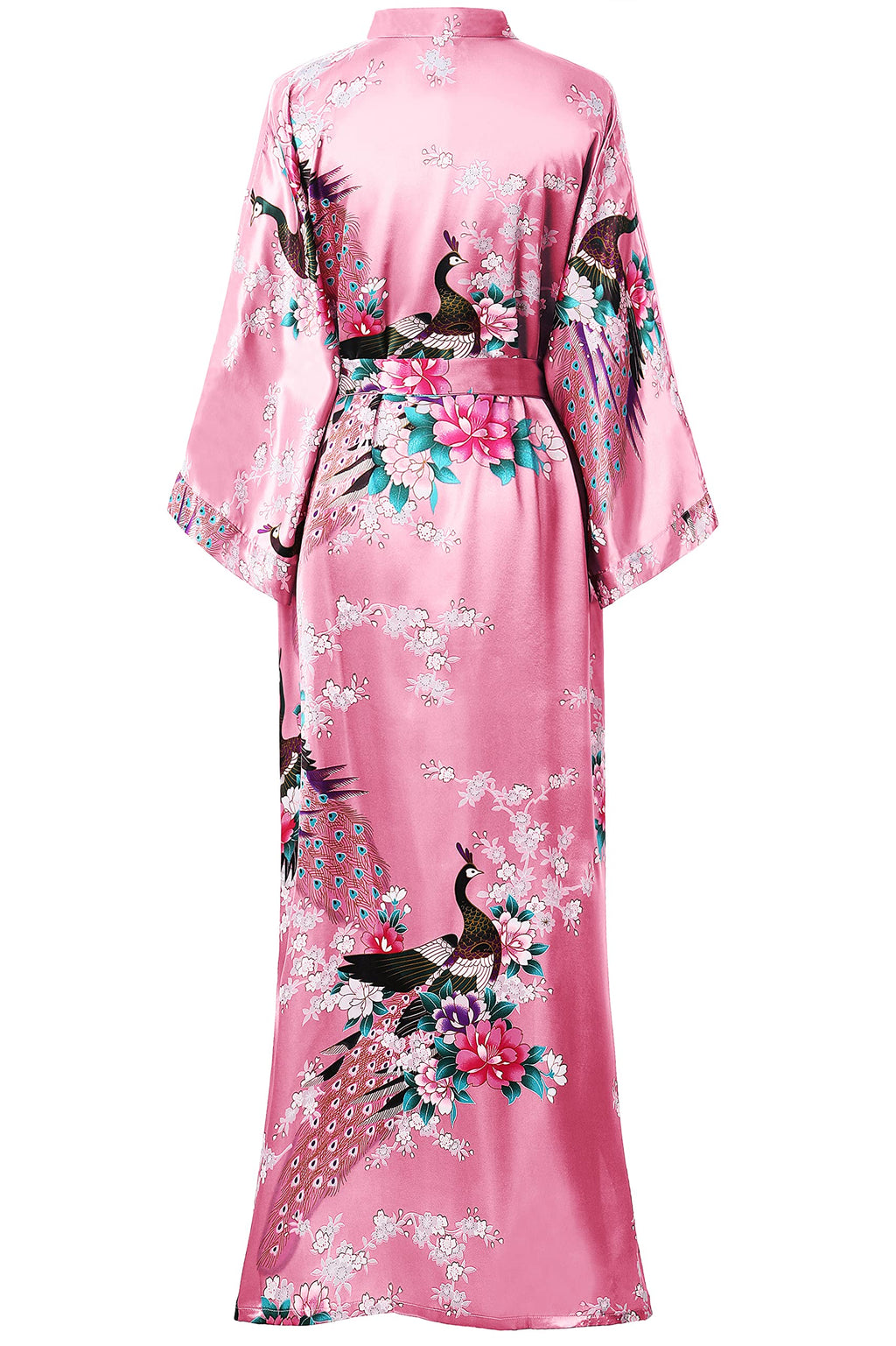 BABEYOND Women's Kimono Robe Long Satin Robes with Peacock and Blossoms Printed Kimono Nightgown