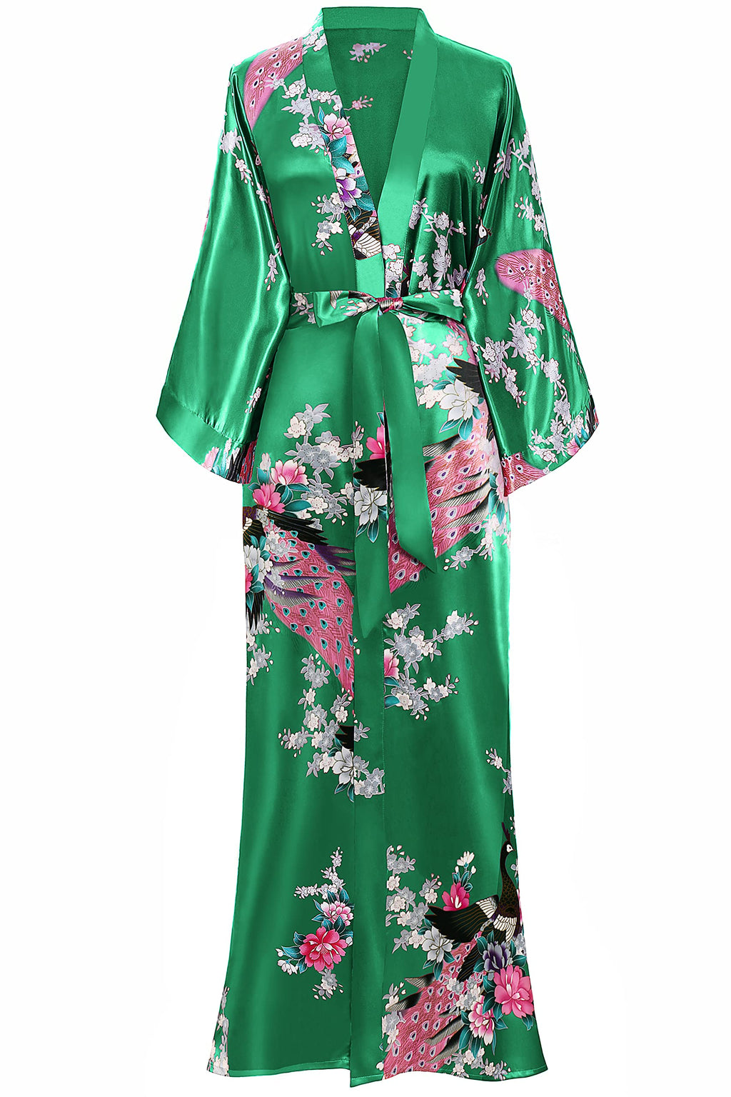 BABEYOND Women's Kimono Robe Long Satin Robes with Peacock and Blossoms Printed Kimono Nightgown