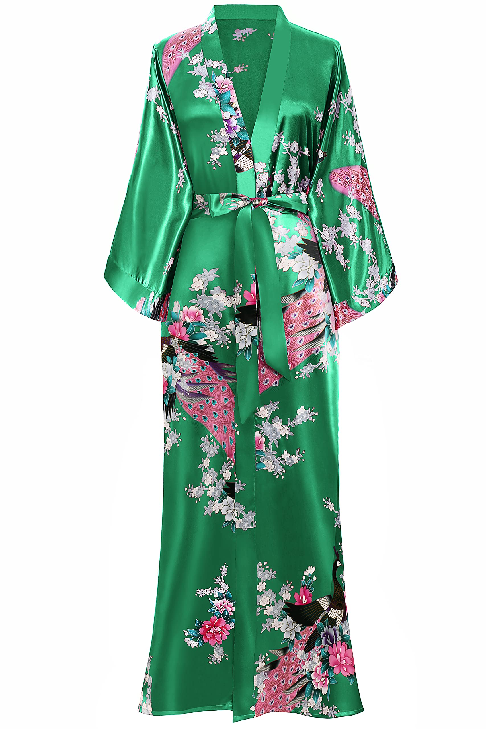 BABEYOND Women's Kimono Robe Long Satin Robes with Peacock and Blossoms Printed Kimono Nightgown