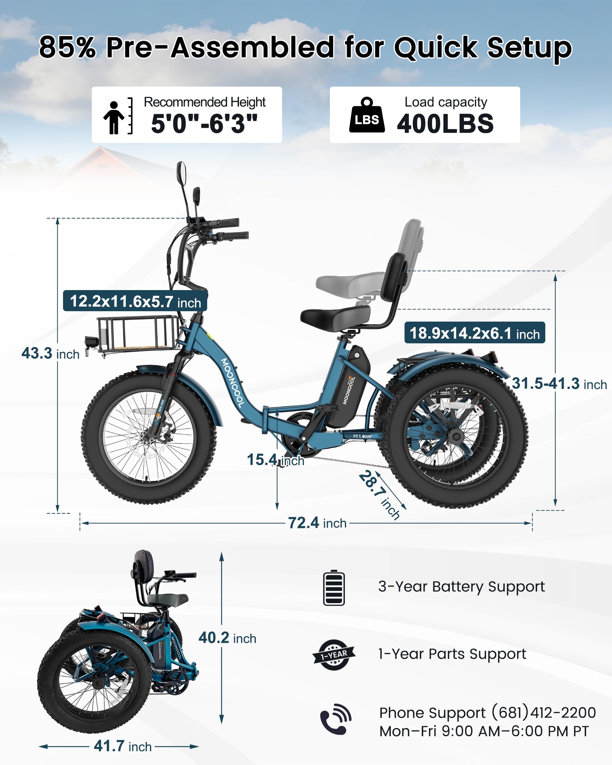 MOONCOOL Electric Tricycle for Adults, 20" x 4" Fat Tire Folding Electric Trike, 48V 500W 3 Wheel Electric Bike, 7 Speed E Trikes for Adults with Removable Battery, Aluminum Frame & Large Basket