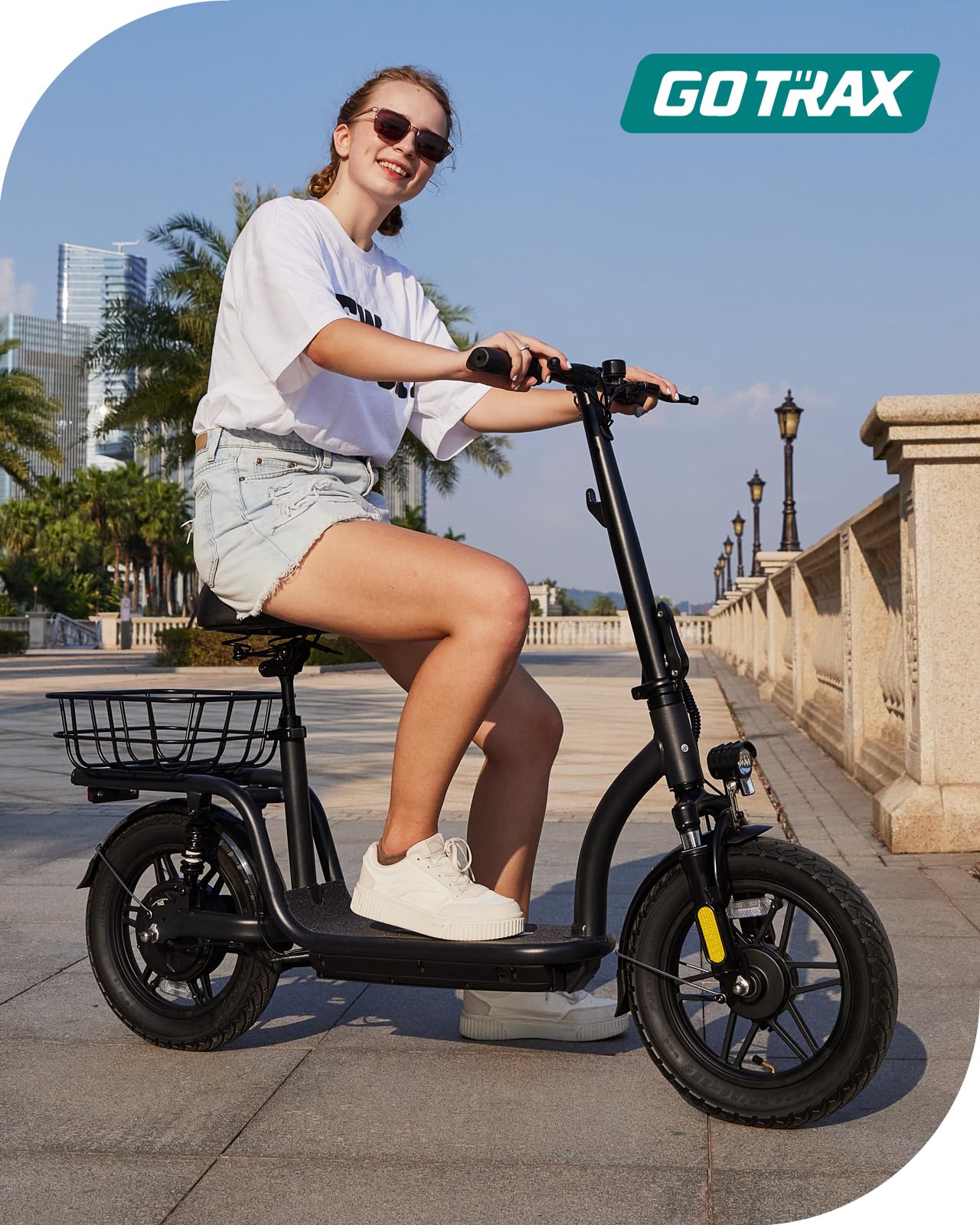 Gotrax Adult Electric Scooter with Seat, Max 19-25miles Range, 15.5-20mph Power by 350W-500W Motor, All-Terrain Tire & Wider Deck & Soft Cushioning Seat with Carry Basket