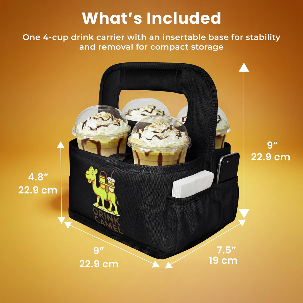 Reusable Drink Carrier with Handle – Durable No-Spill Insulated & Collapsible Beverage Bag with Pockets, Portable Caddy for On-the-Go Delivery, Travel & Car Use (6 Cup Carrier, Jet Black)