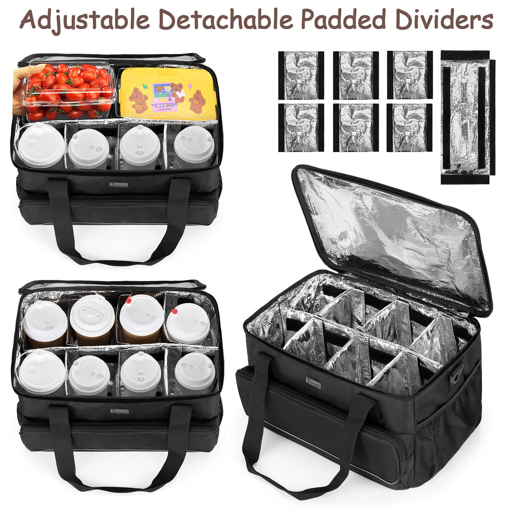 Trunab Reusable 6 Cups Drink Carrier for Delivery Insulated Drink Caddy with Handle and Shoulder Strap, Adjustable Dividers, Beverages Carrier Tote Bag, for Daily Life Takeout, Outdoors, Travel